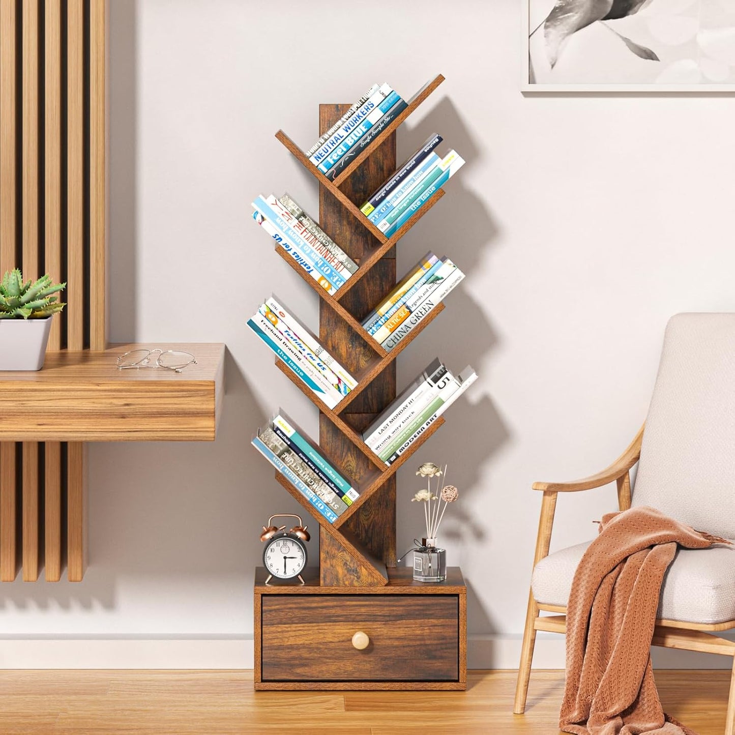 8 Tier Tree Bookshelf with Drawer, Free Standing Wood Bookcase for Narrow Space, Storage Organizer Bookshelves for Books, Book Case for Home Office, Living Room, Bedroom, Rustic Brown