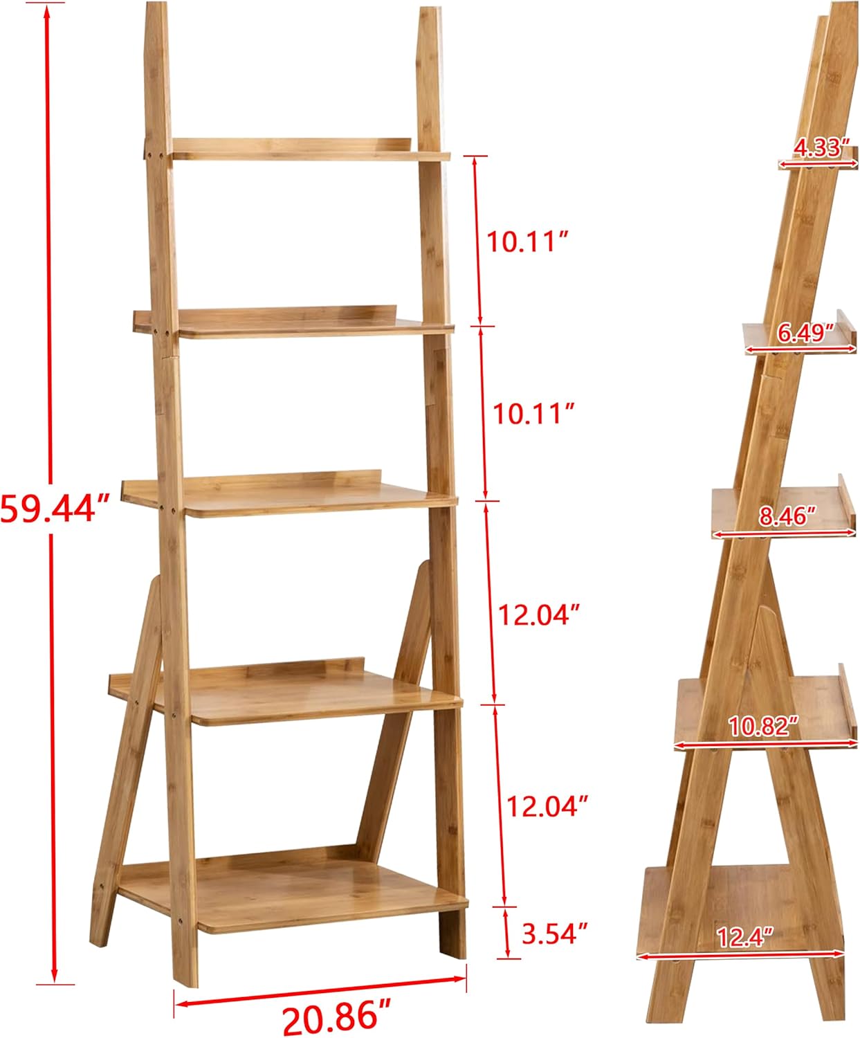 DOUSY- 5-Tier Bamboo Ladder Shelf Ladder Bookshelf Plant & Flower Stand Bookcase, Freestanding Storage Rack Organizer Display Shelf for Living Room, Home Office, Bedroom, Balcony, Natural Wood