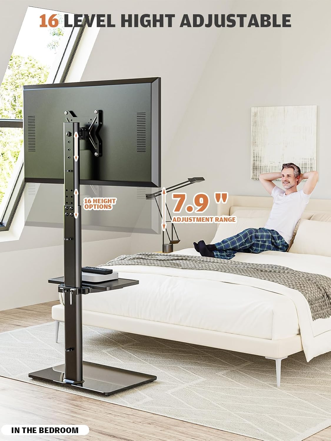 Universal Floor TV Stand with Mount for 19 to 43 inch Flat Screen TV, 100 Degree Swivel,Adjustable Height and Tilt Function, 2 Shelves Space Saving Standing TV Mount for Bedroom Living Room Corner