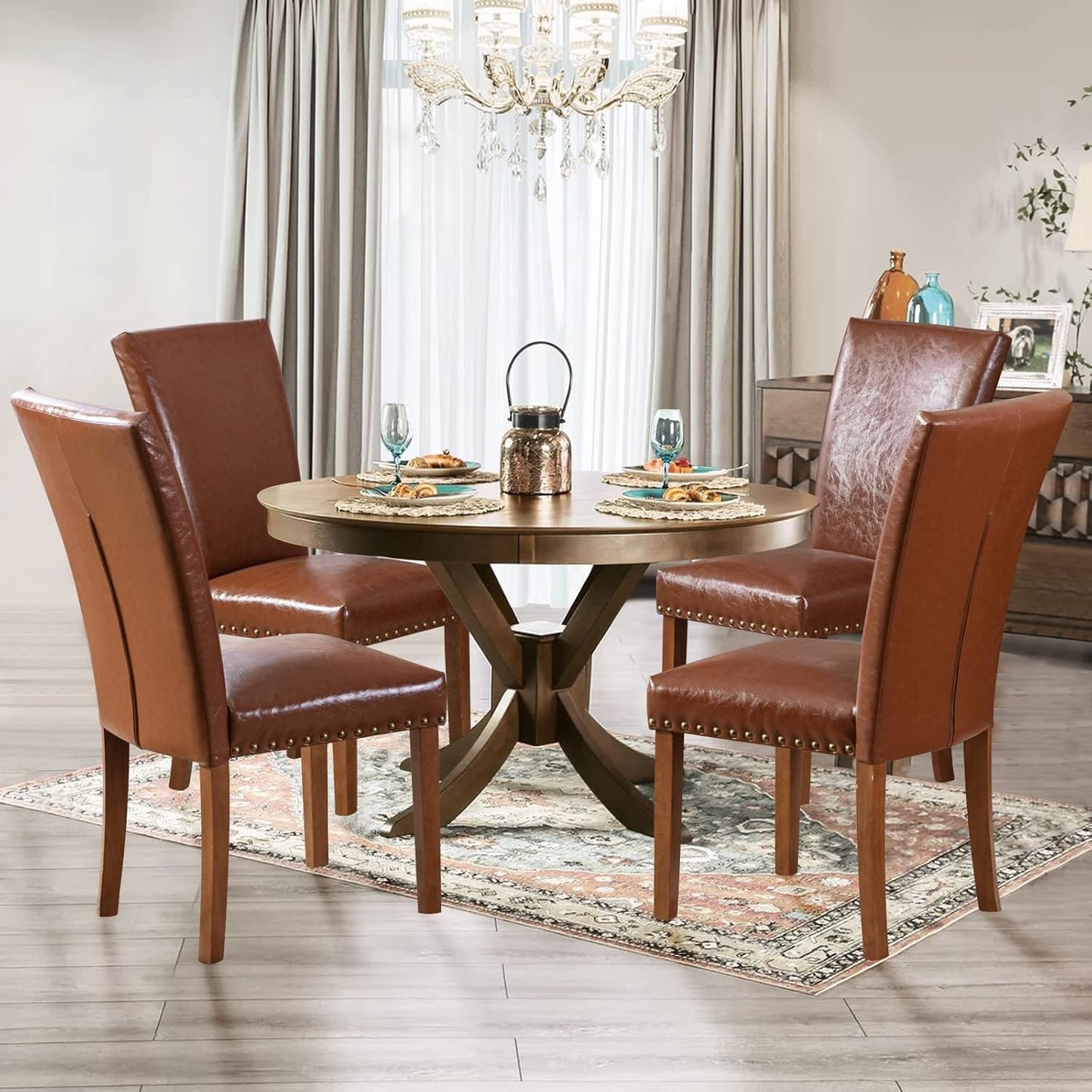 Parsons Dining Chairs Set of 6, Upholstered Nailhead PU Leather Dining Room Kitchen Side Chair with Thick Cushions and Wood Legs, Light Brown