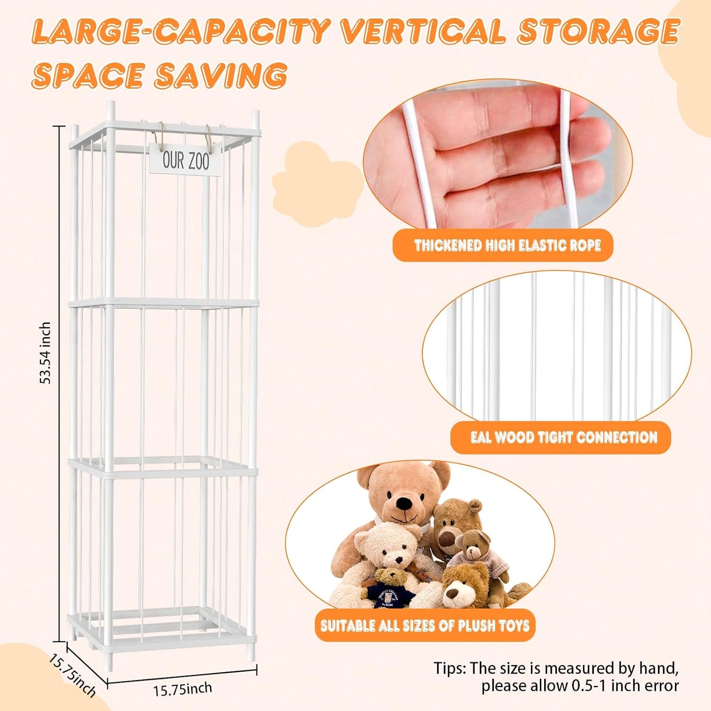 Stuffed Animal Storage, 54 inch Large Plushy Organizers, Wood Stuffed Animal Zoo Storage, Space Save Vertical Stuffed Animals Holder Holds 50+ Stuffed Animals for Nursery Playroom Bedroom (White)