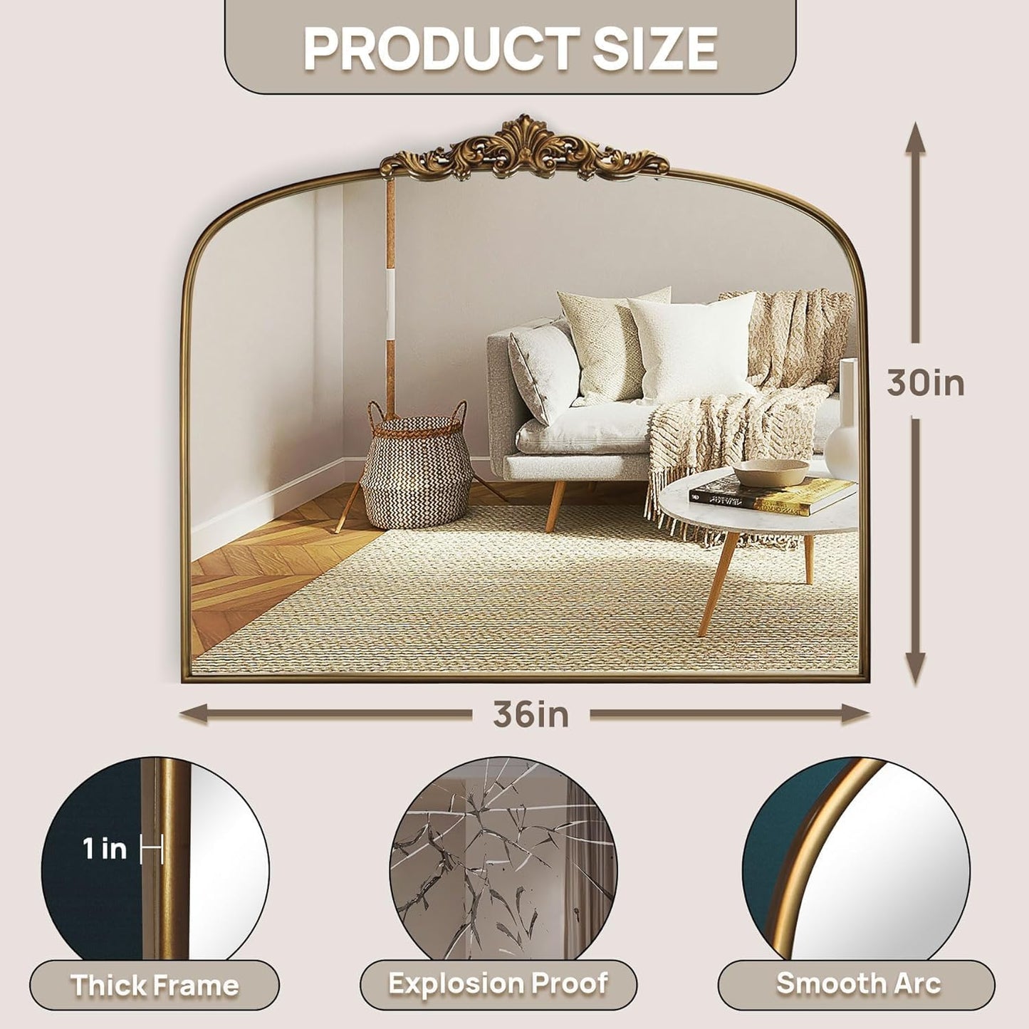 Vintage Gold Arched Wall Mirror 36"x30" – Ornate Baroque Style Antique Brass Frame, Decorative Large Mirror for Entryway, Living Room, Fireplace, Hallway, Bathroom