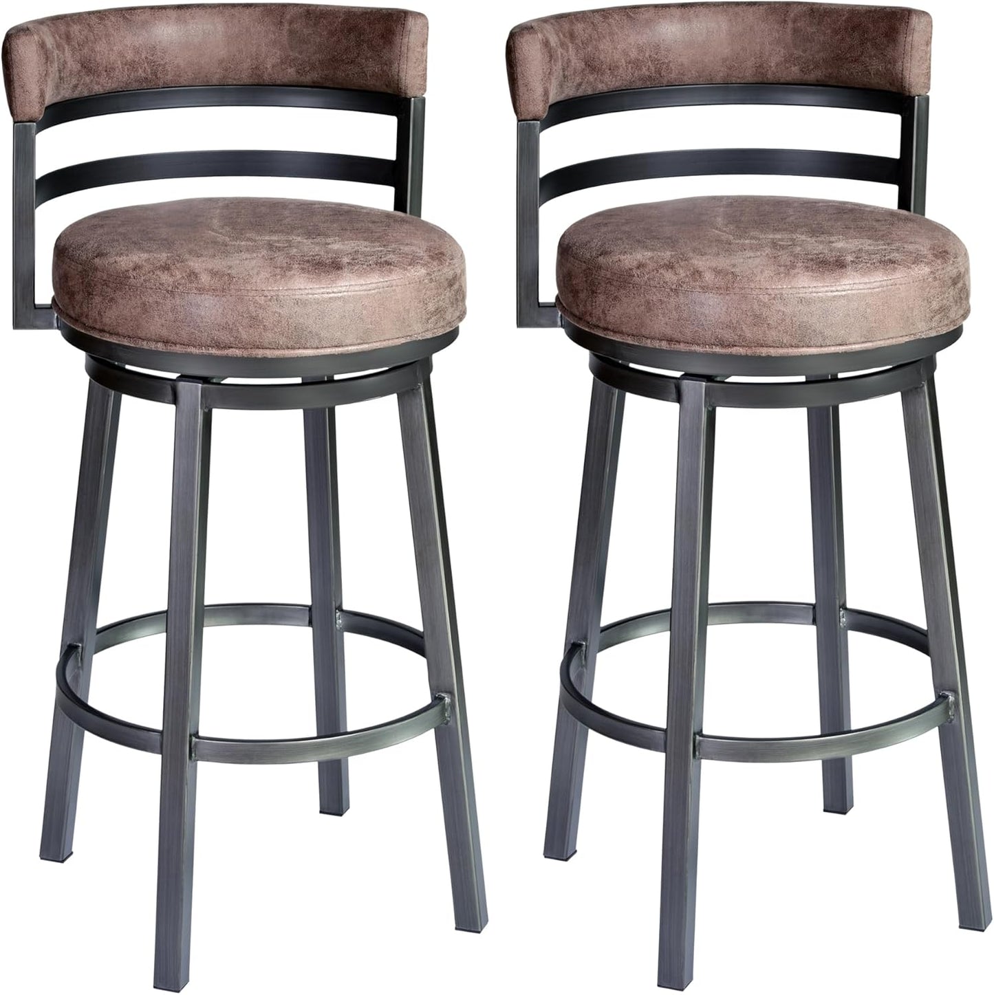Armen Living Madrid 26" Seat Height Swivel Bandero Tobacco Faux Leather and Mineral Finish Bar Stool for Kitchen Island Counter, Set of 2