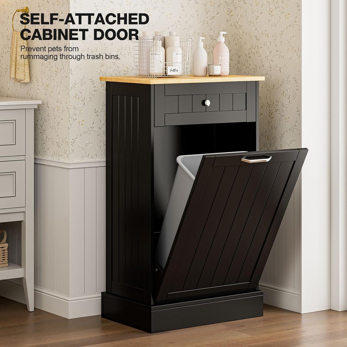 GAZHOME 10 Gallon Tilt Out Trash Cabinet, Upgrade Wooden Free Standing Recyclin Trash Cabinet with Hideaway Drawer(Black)