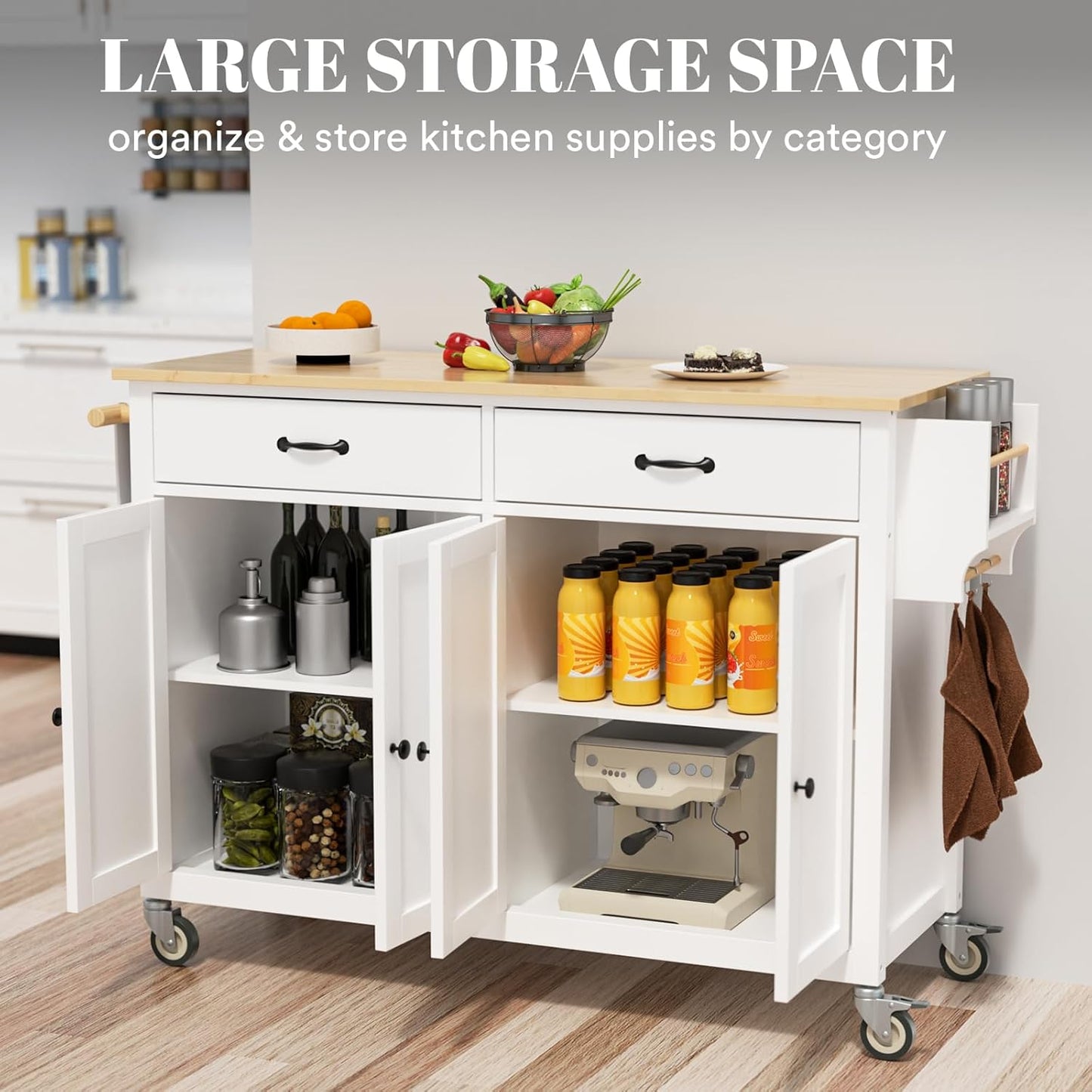 Rovibek Kitchen Island on Wheels Large in Rolling Island Wood Mobile Portable Kitchen Islands White with Drawers Cabinet Spice Rack Towel Rack Storage Pure White