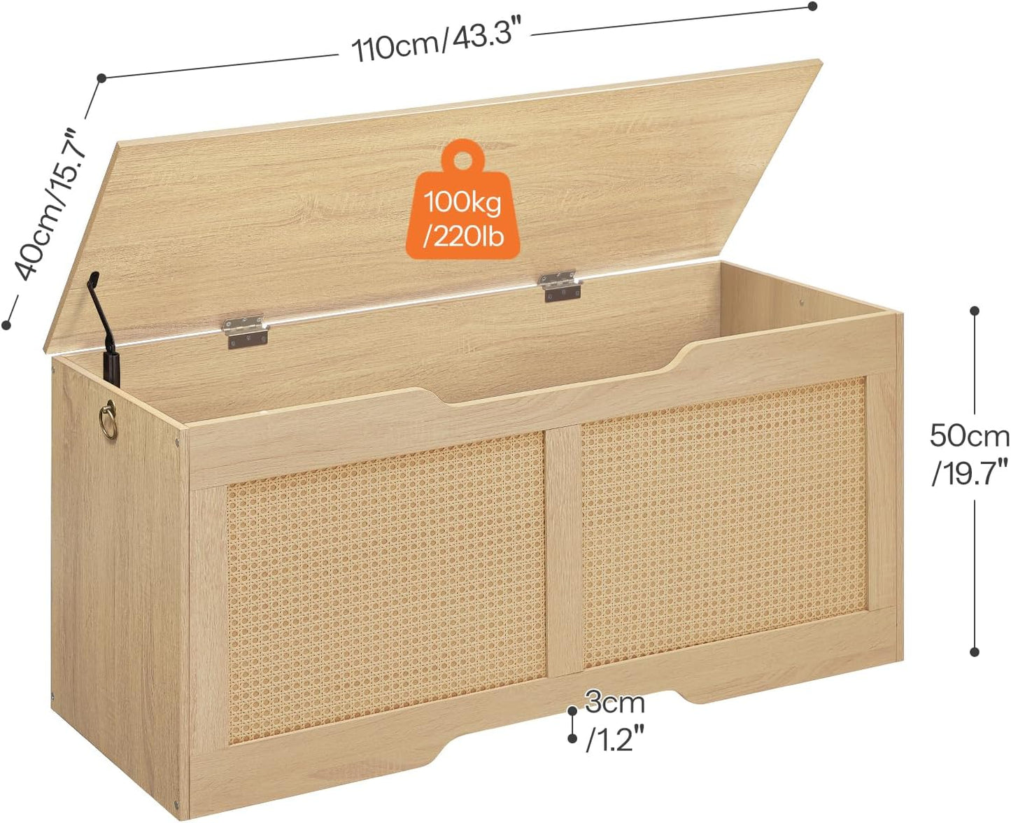 HOOBRO Storage Bench, 43.3" Toy Box, Rattan-Like Storage Chest, Sturdy Entryway Bench Supports 220 lb, Toy Chest, Safety Hinge, U-Shaped Opening, Easy Assembly, Natural NL22CW01