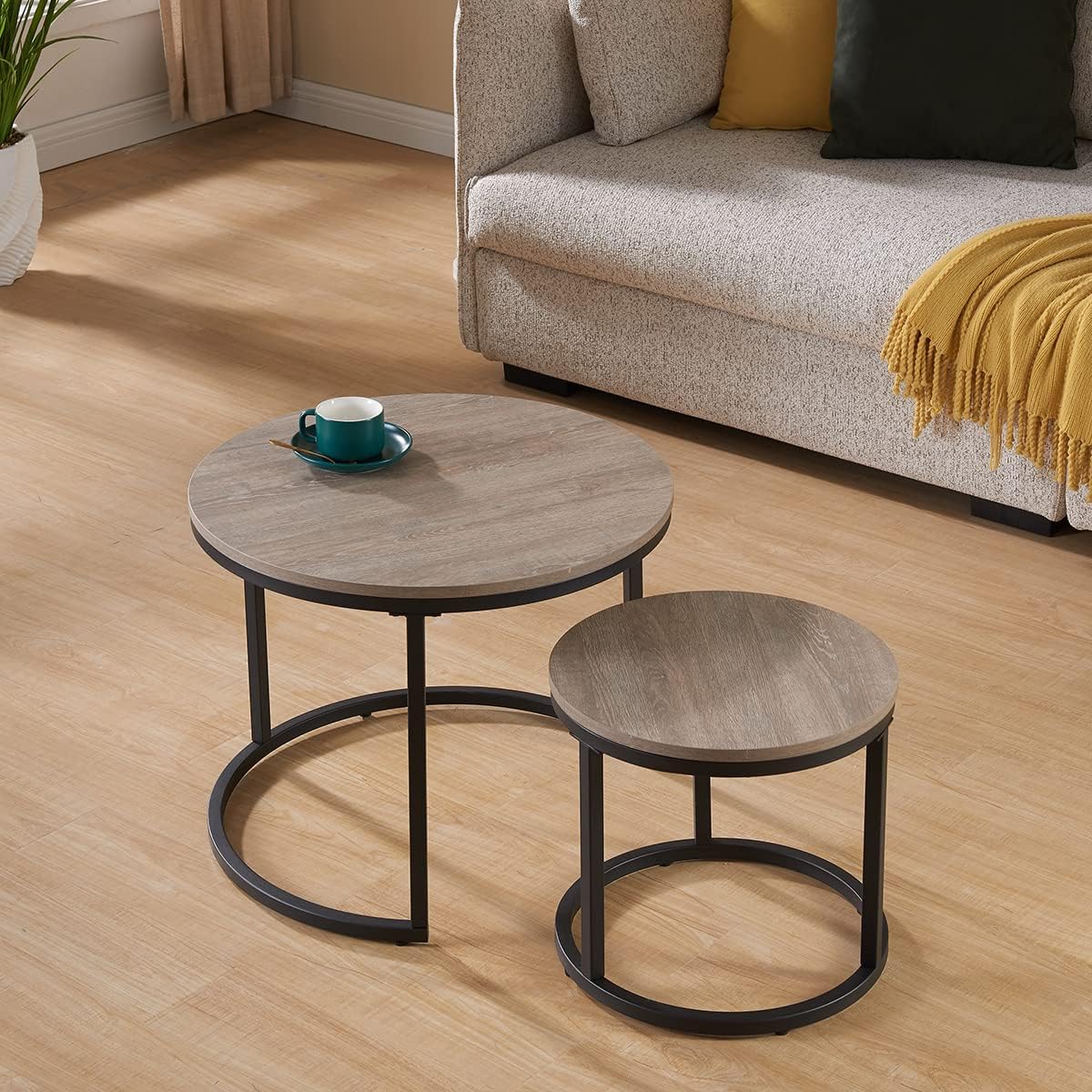 CENSI 24" Round Nesting Table, Accent Coffee Table, French Oak Grey Wood Finish, Space-Saving, Modern Industrial Style