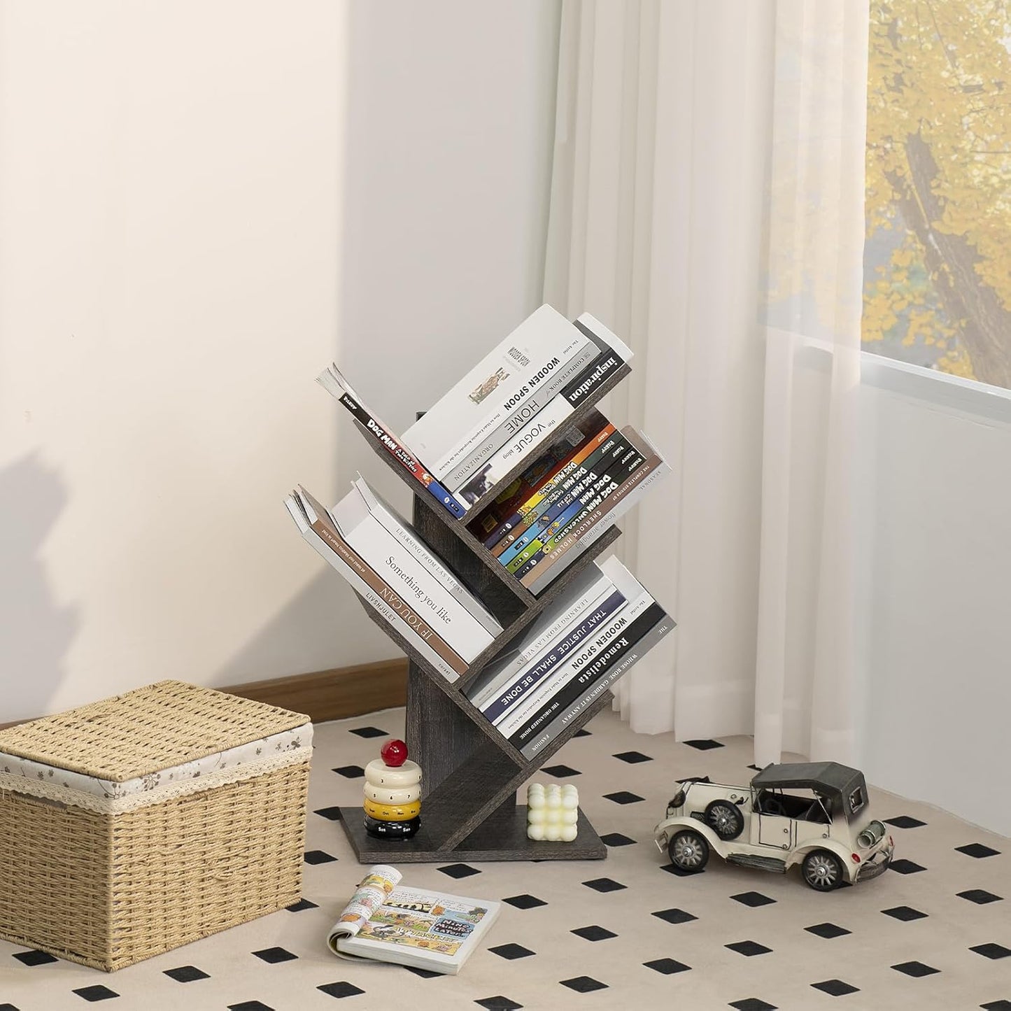 5 Tier Tree Book Shelf, Small Desktop Bookshelf with Storage Organizer, Wood Bookcase, Desk Display Bookshelves, Floor Standing Organizer Bookcases for Living Room,Bedroom,Office-Dark Grey