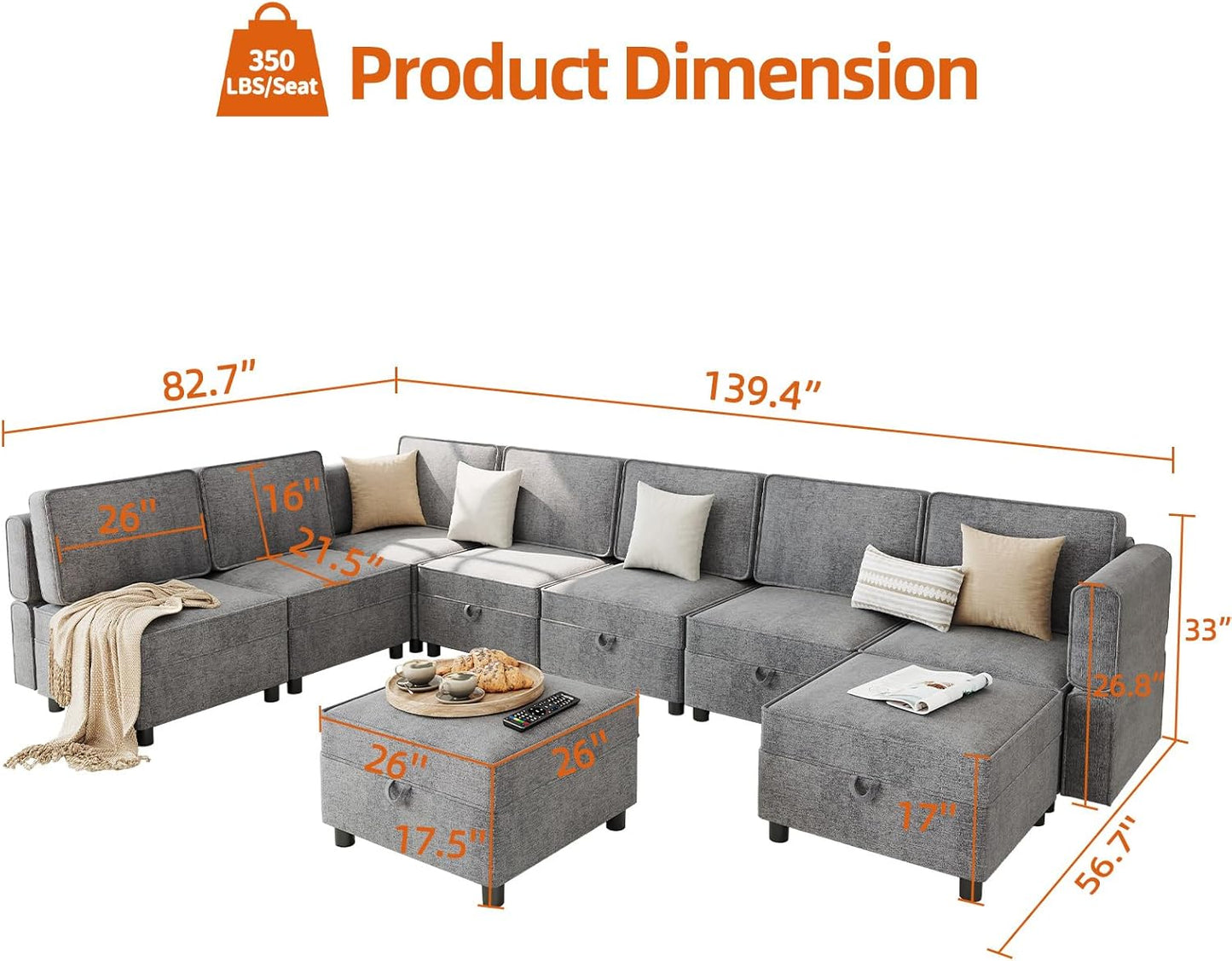GAOMON 139.4" Chenille Reversible Sectional Sofa, 9-Seater Modular Sectional Sofa, Comfy Sectional Sleeper Sofa Couch with Chaise, U-Shape Modular Couch with Storage Seats & Ottomans, Grey