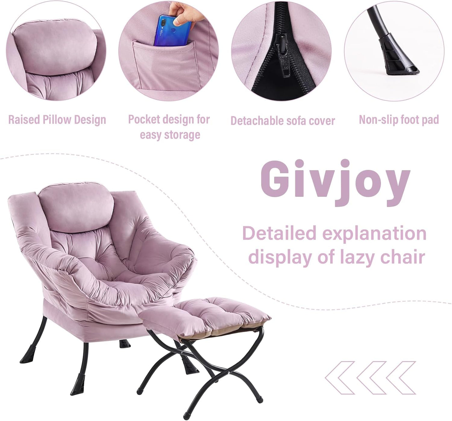 Lazy Chair and Ottoman, Large Accent Lounge Chair with Armrests and a Side Pocket, Modern Leisure Upholstered Sofa Reading Armchair with Footrest for Bedroom, Living Room, Dorm Rooms, Office