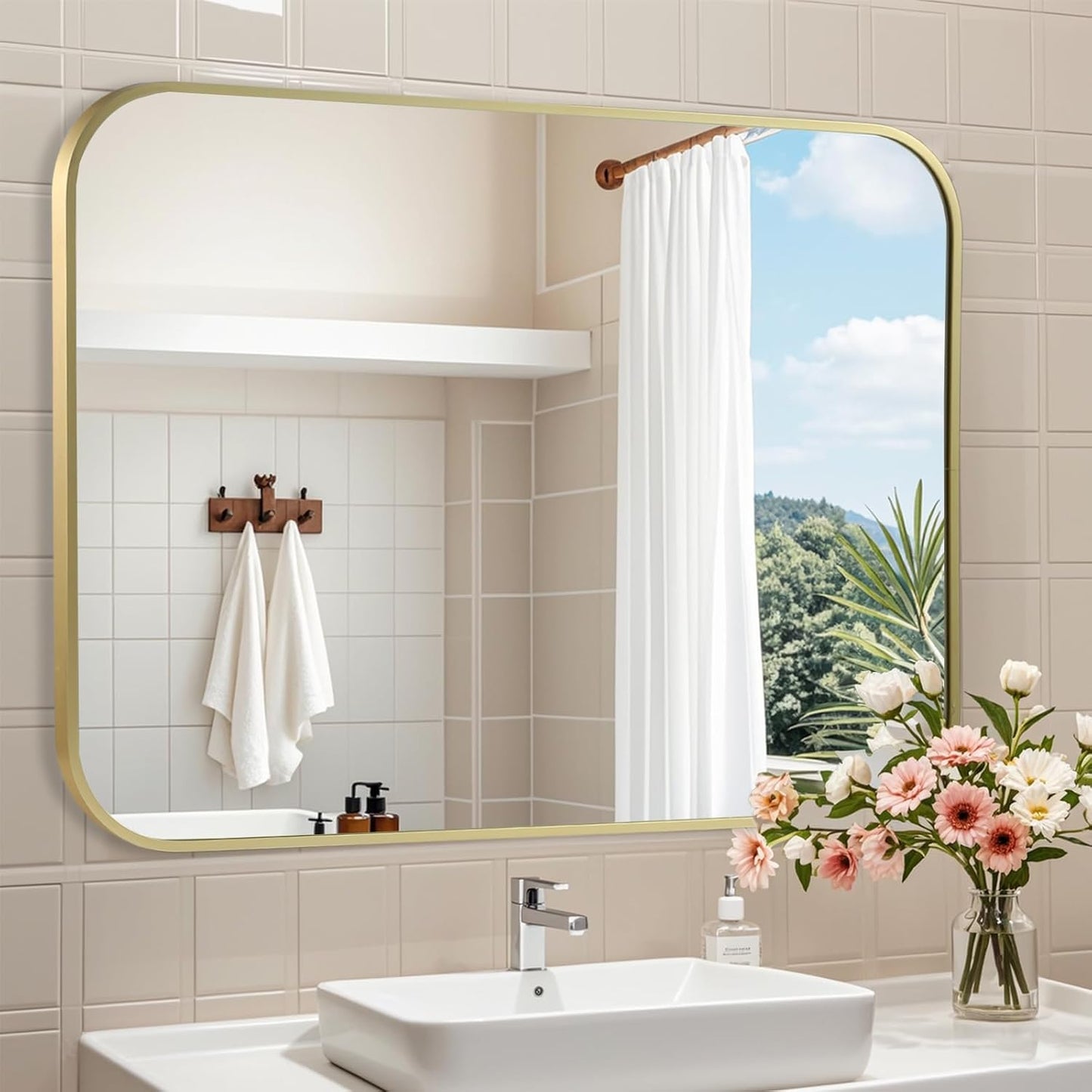 Brushed Gold Mirror, 40"x30" Rectangle Bathroom Mirror, Metal Frame Rectangle Corner Vanity Mirror, Wall Mounted Mirror for Modern, Living Room, Bedroom, Horizontal Or Vertical