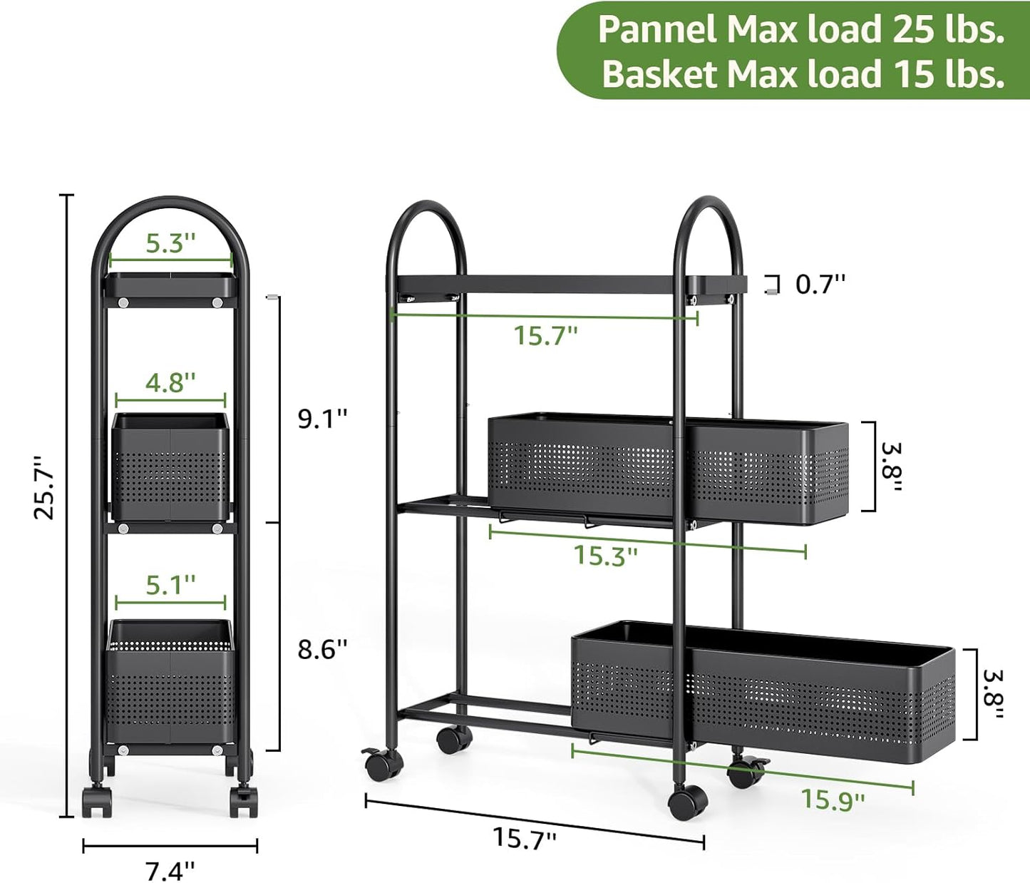 KINGRACK 3-Tier Slim Storage Cart with Pull Out Basket, Rolling Bathroom Organizer Utility, Metal Shelving Unit Slide Out, Lockable Wheels, Easy Assembly for Narrow Place, Kitchen, Laundry Room, Black