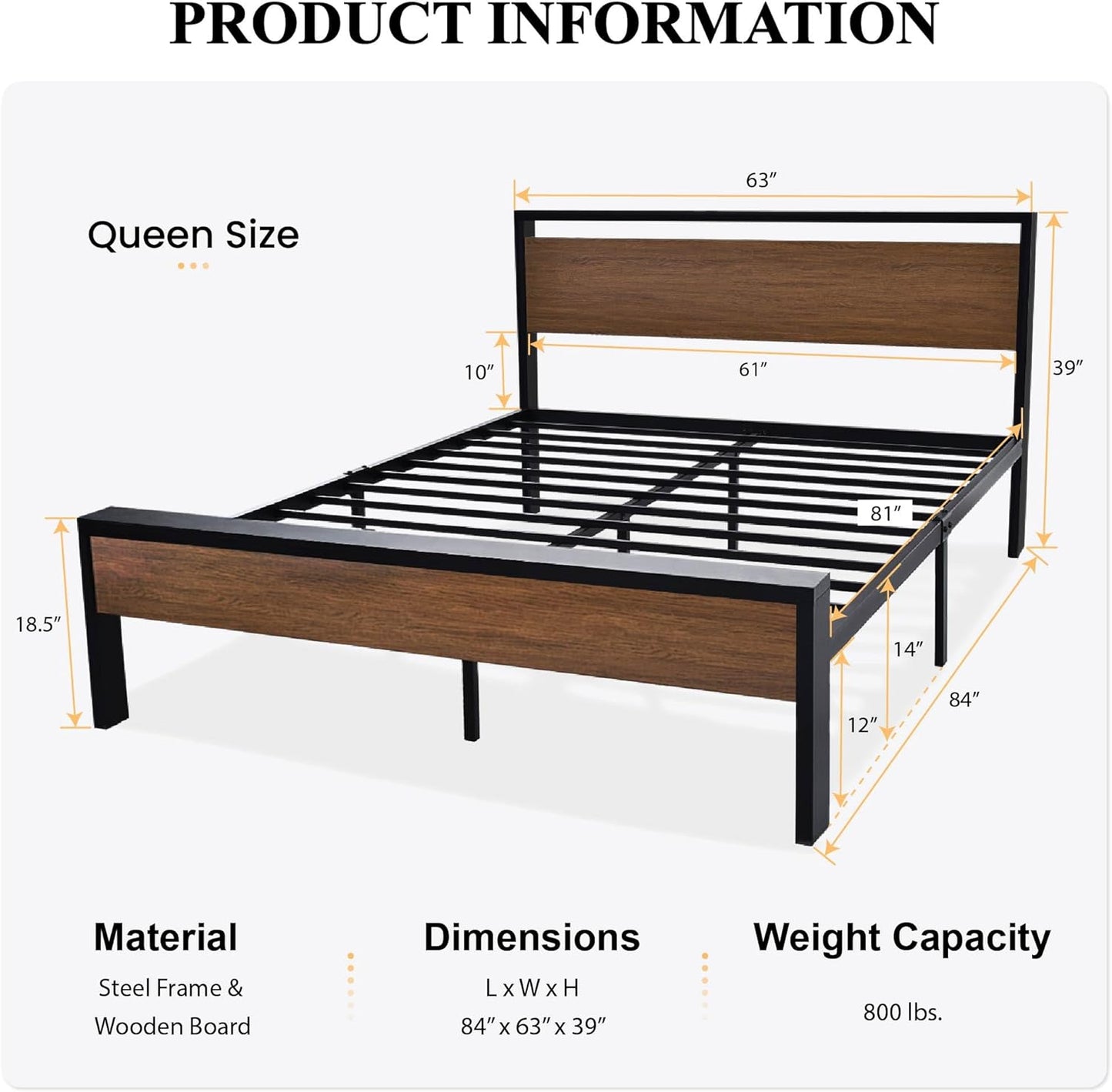 SHA CERLIN 14 Inch Queen Size Metal Platform Bed Frame with Wooden Headboard and Footboard, Mattress Foundation, No Box Spring Needed, Large Under Bed Storage, Non-Slip Without Noise, Walnut