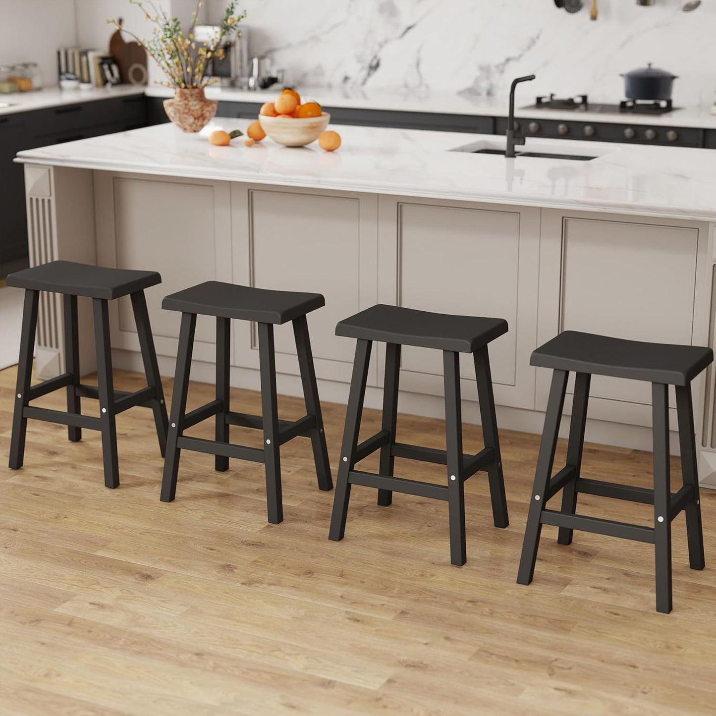 Bar Stools Set of 4, Waterproof UV-Resistant,Durable Resin Kitchen Island Chairs for Indoor & Outdoor Use, Modern Design for Home,Bar,and Cafe (24'' Black-4)