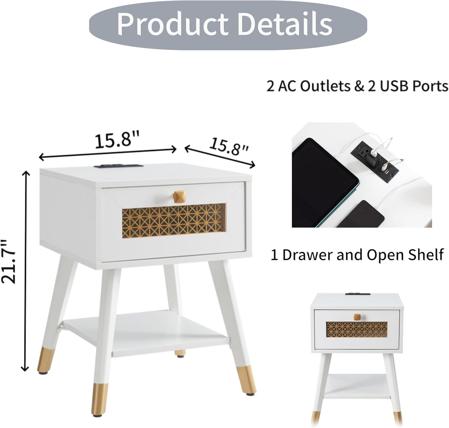 Modern Style Side Table, End Table with Drawer and Shelf for Living Room, Square Wooden Small Nightstand, White