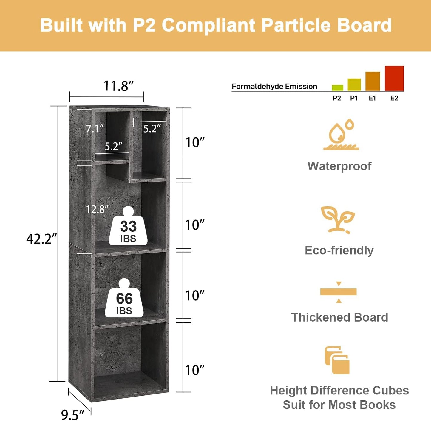 VECELO Small Bookshelf, 5 Cube Slim Bookcase, Fits Tallest Hardcovers, Horizontal Available, Modern Floor Standing Unit, Each Shelf Hold Up to 66 LBS,Modern Gray