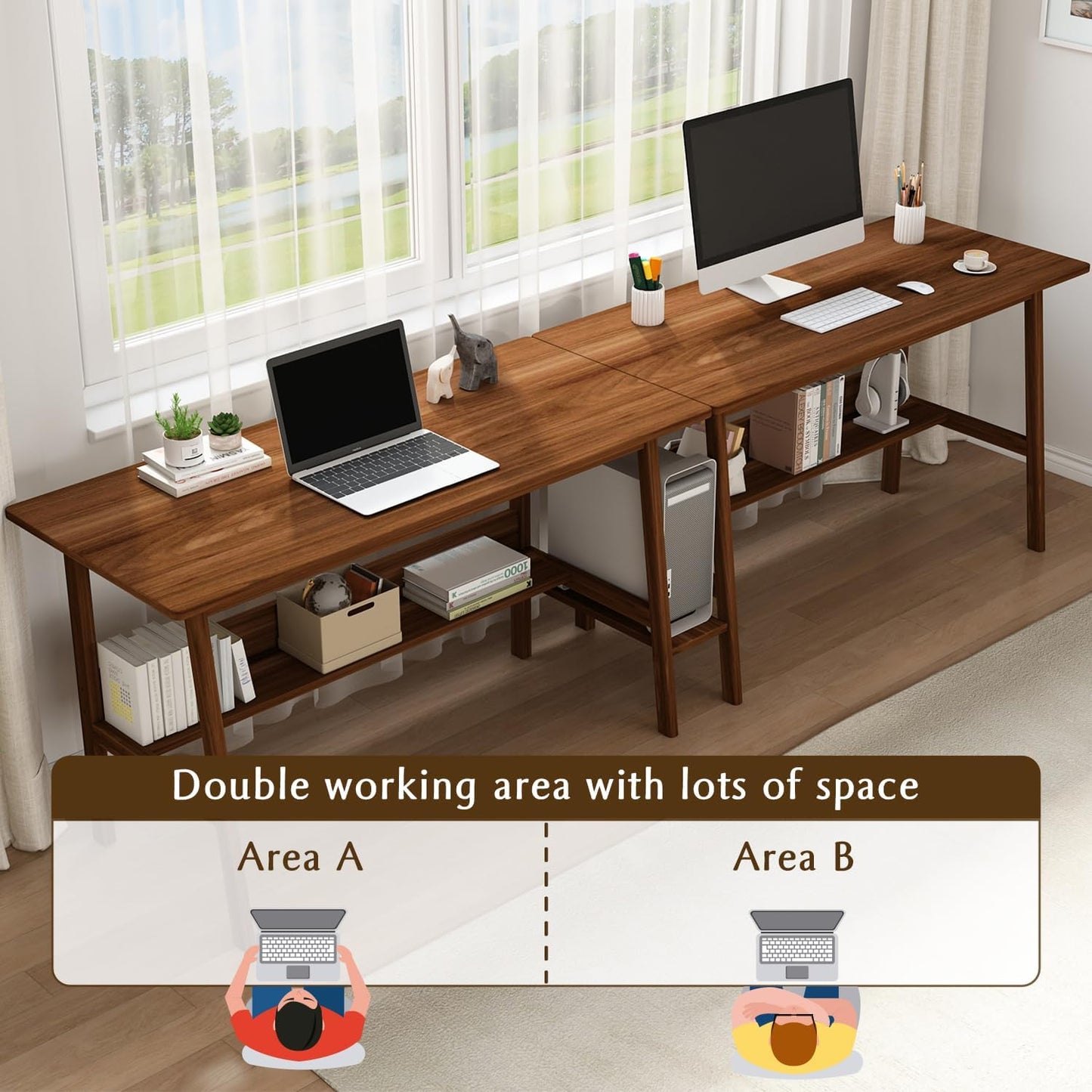 2-Person Writing Desk with Bookshelf - 79" Wooden Extra Long Home Office Work Table, Double Study Computer Workstation with Storage Shelves in Walnut, 79" W x 24" D