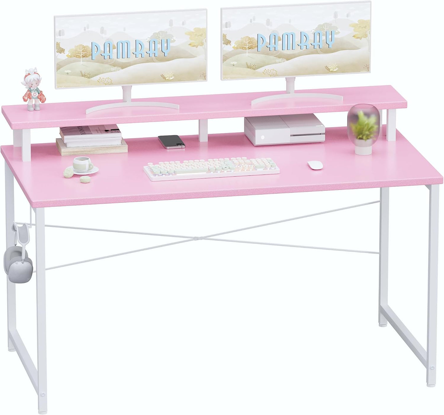 Pamray 47 Inch Small Computer Desk with Monitor Stand, Simple Office Desk with Headphone Hook for Small Spaces, Kids Study Writing Table for Bedroom, Pink