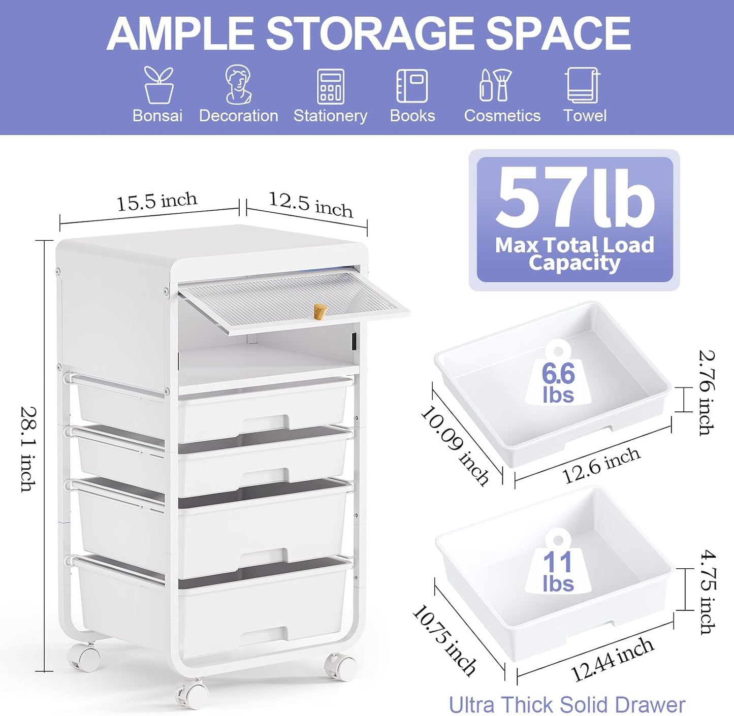 Utility-Rolling-Storage-Drawer-Craft-Cart-Organizers with 4 Drawers & Dust-proof Door for Kid Craft Art Room,Bedroom,Home Office, Craft Drawer cart, Classic White