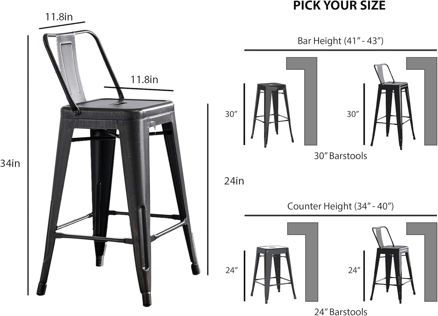AC Pacific 24” Metal Barstool Set of 4 – Country Rustic Style with Low Back, Lightweight & Sturdy Build, Easy Assembly – Distressed Black