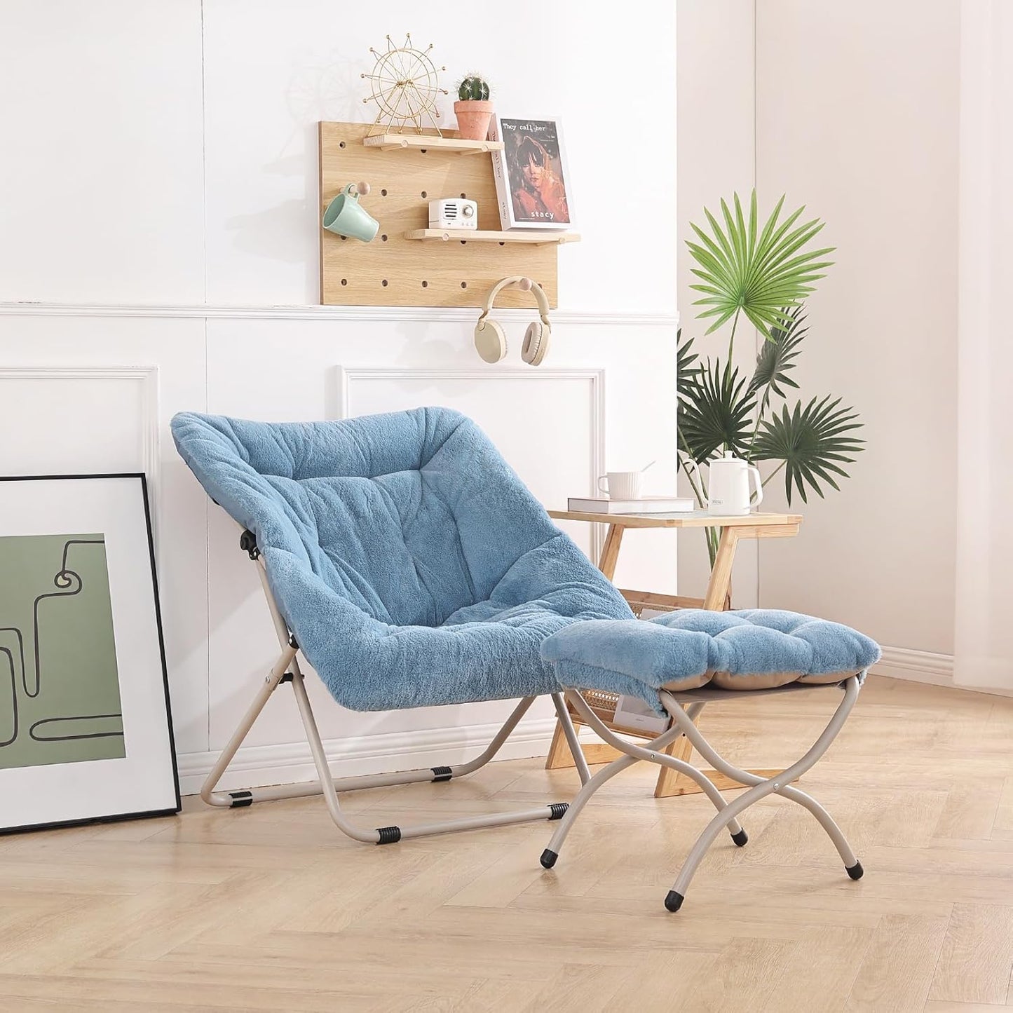 Saucer Chair With Ottoman - Oversized Folding Faux Fur, X-Large Soft Dorm, Foldable Metal Frame for Bedroom, Living Room, Study, Playroom (Blue)