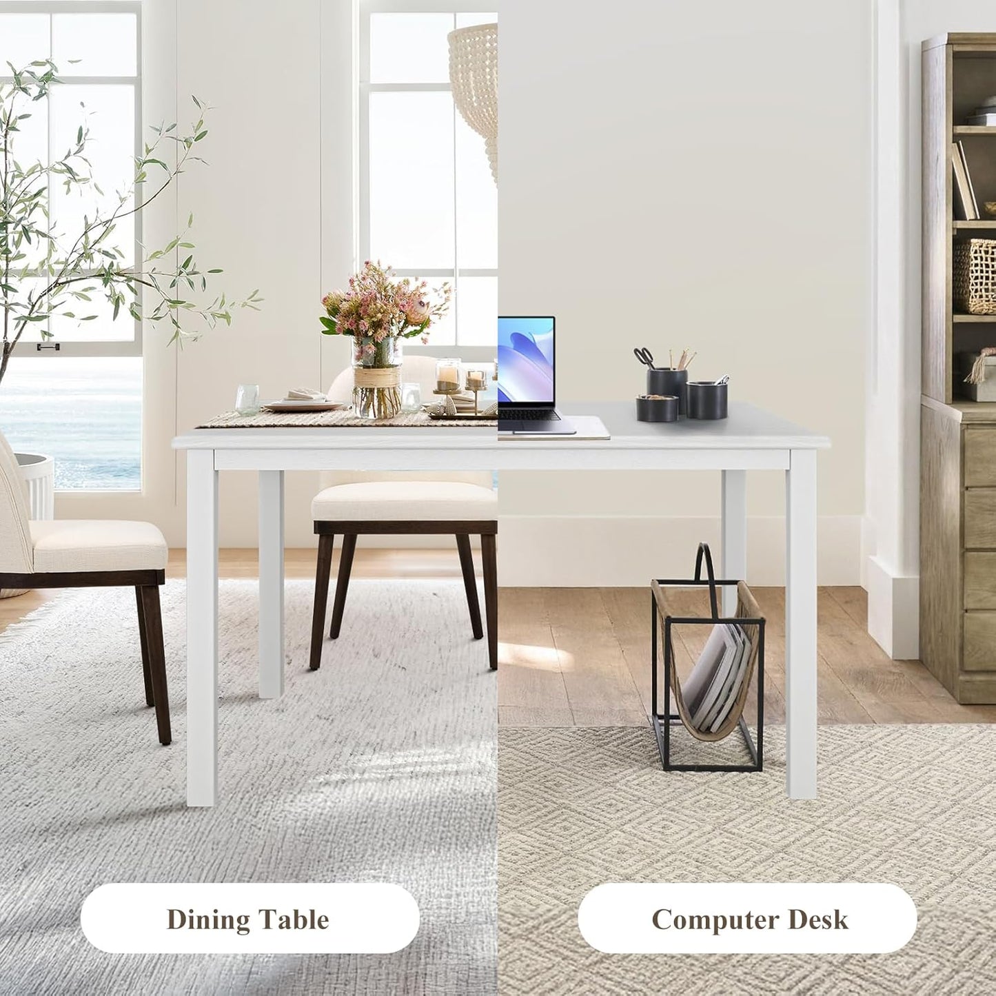 COLAMY 60 Inch Rectangular Kitchen Dining Table for 4, Modern Farmhouse Dining Table Set for 4, Wood Dining Table and Kitchen Dining Chairs for Dining Room, Restaurant, White/Beige