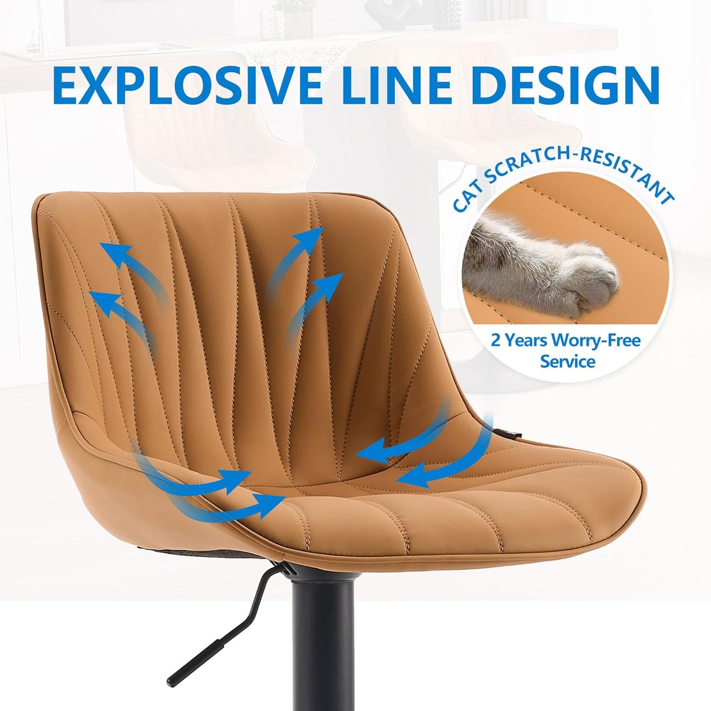 YOUNIKE Saffron Bar Stools Set of 2, Tan Swivel Barstools for Kitchen Island, Adjustable Leather Padded Bar Chairs with Back, Modern Counter Height Stools with 300LBS Support