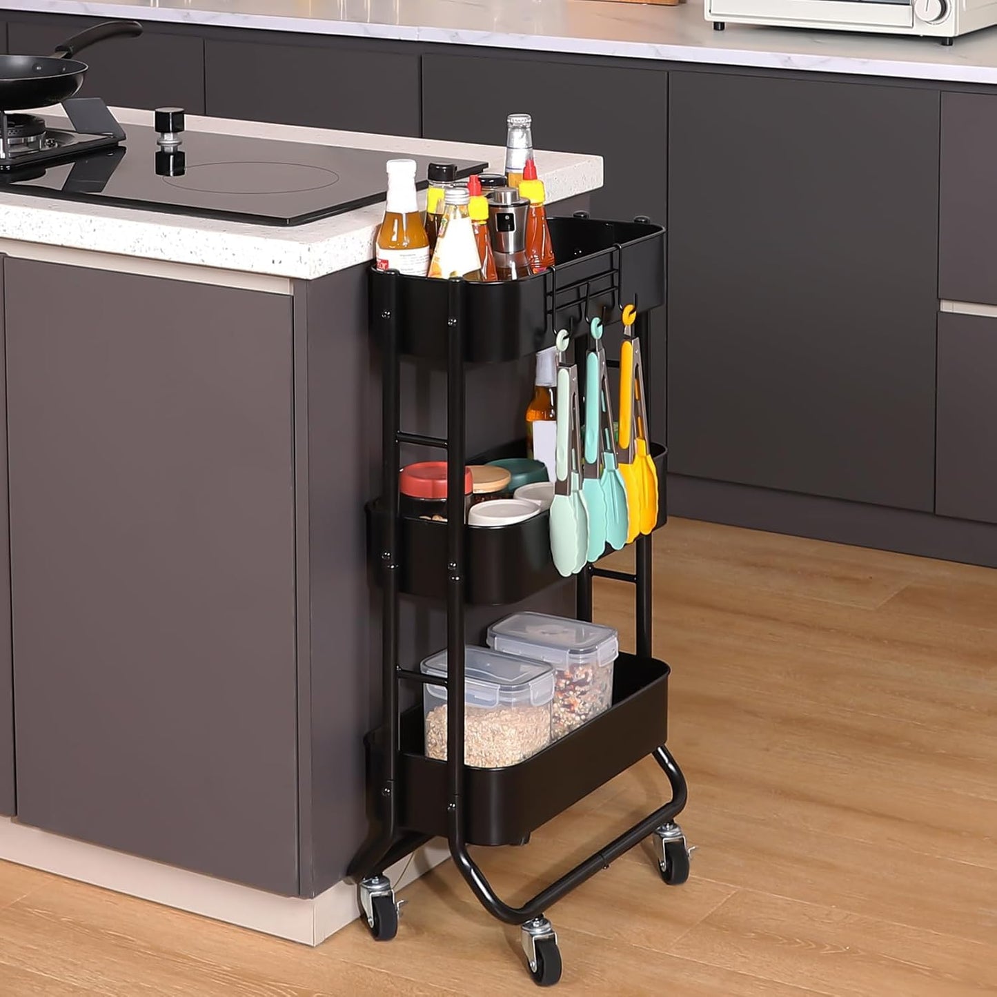 MAX Houser Slim 3-Tier Rolling Utility Cart, Narrow Metal Bathroom Storage Multifunctional Organizer Carts with Wheels with Extra Hook, Laundry Room,Kitchen,Small Space(Black)
