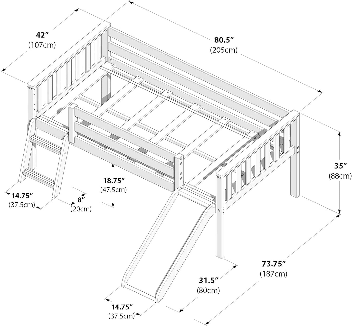 Max & Lily Twin Ultra Low Loft Bed with Slide and Climbing Ladder, Solid Wood Bed for Kids, Space Saving Design for Small Rooms, Twin Size Loft Bed with 14 Inch Guardrails, Anti Slip Steps, White