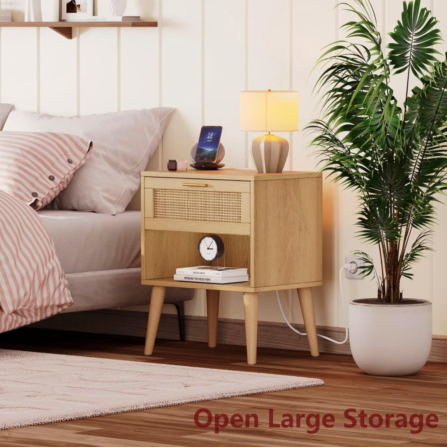 Irontar 17.7''L Nightstand Set of 2, Bedroom Night Stand with Charging Station & Rattan Drawer, Boho Style Bed Side Tables with Solid Legs, Accent End Table with Open Storage, Natural BZZ007ME02