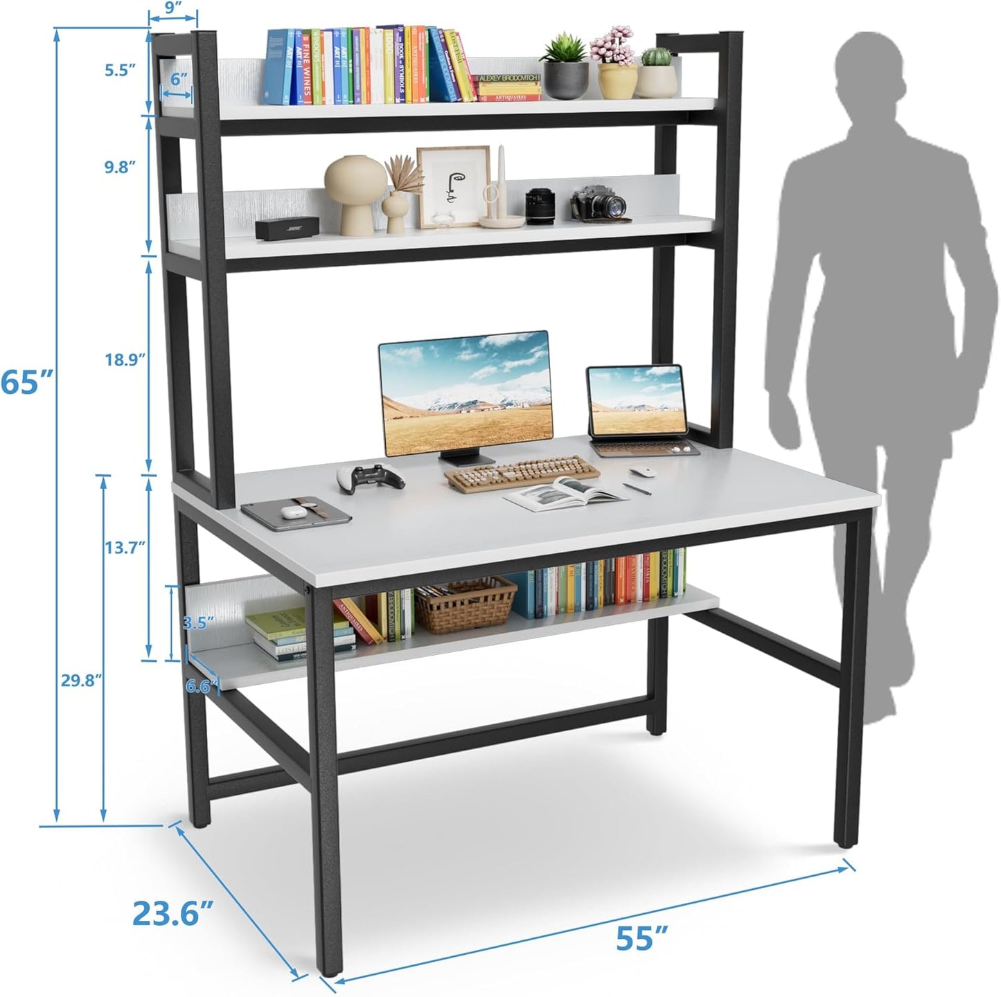Aquzee Computer Desk, Easy Assembly Gaming Table with Hutch and Shelves, 4 Tiers Desk with Large Wood Desktop, Metal Legs, Ideal for Storage Study Work Writing Homework, White, 55Wx65Hx23.6D Inches