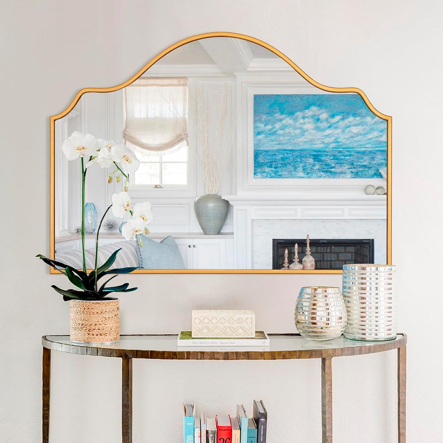 Chende Large Gold Mirror with Arched Top, 47" x 32" Modern Living Mirror for Wall, Modern Decorative Mirror with Wooden Frame for Entryway, Fireplace, Dining Room