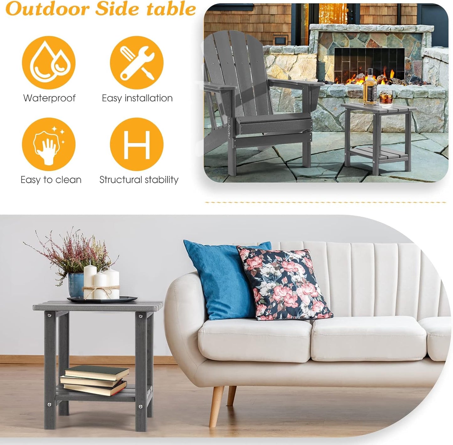 Adirondack Outdoor Side Table, 2-Tier Sturdy Patio End Table Weather Resistant, 16.5" Solid Side Table for Patio, Pool, Porch