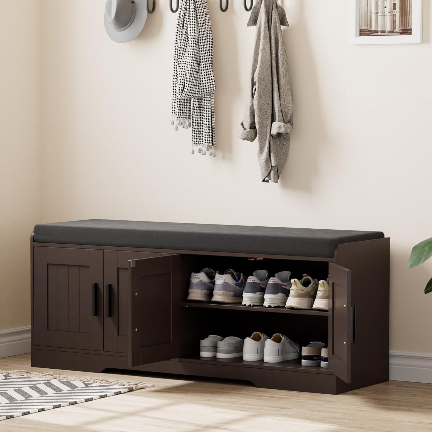 2-Tier Storage Bench, Shoe Bench with Thickened Padded Seat Cushion, Entryway Bench with 4 Doors, Adjustable Shelf, 13.8" D x 45.3" W x 18.5" H, for Entryway, Living Room, Bedroom, Brown