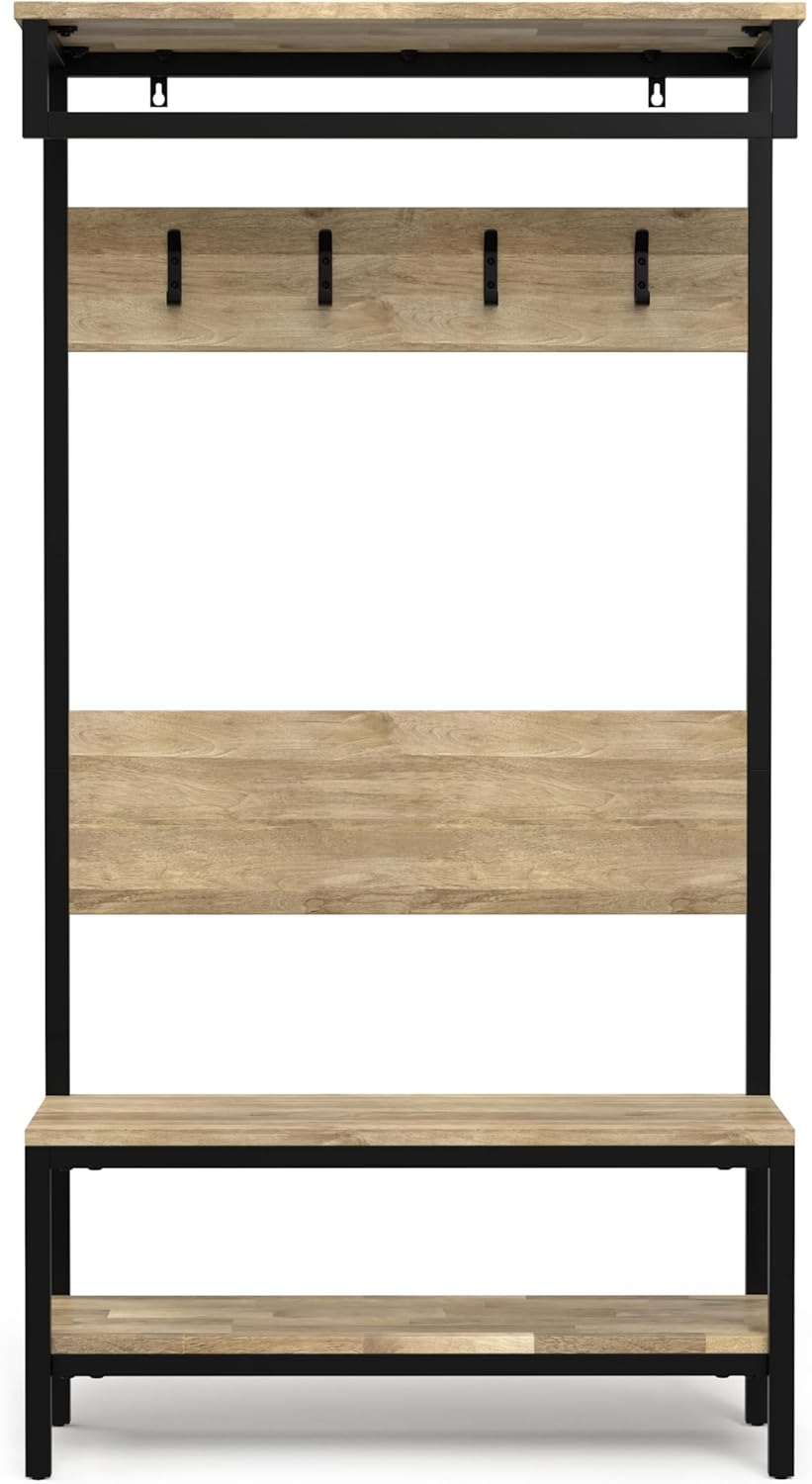 SIMPLIHOME Westmont Hall Tree Bench - 40 inch Wide Solid Mango Wood Entryway Seat in Natural, Industrial Bench for Entryway or Hallway with Metal Frame, Coat Hooks and Open Shelf