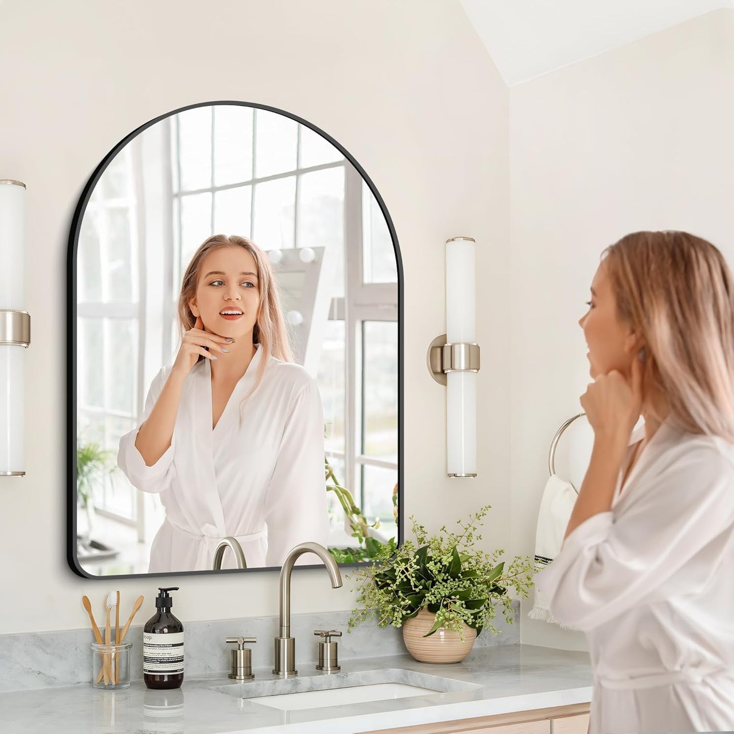 Arched Bathroom Mirror, 26"x38" Black Arched Mirror for Bathroom, Wall Mounted Mirror, Black Vanity Wall Mirror w/Metal Frame for Bedroom, Entryway, Living Room, Hanging or Leaning Against Wall