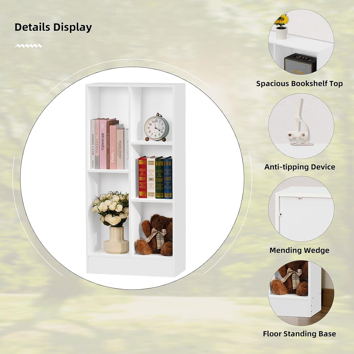 YAHARBO 5 Cube White Bookshelf,Small Modern Horizontal Bookcase,Wood Floor Standing Low Bookshelves Display Storage Cabinet with Base, Short Book Shelf Open Organizer for Bedroom,Living Room,Office