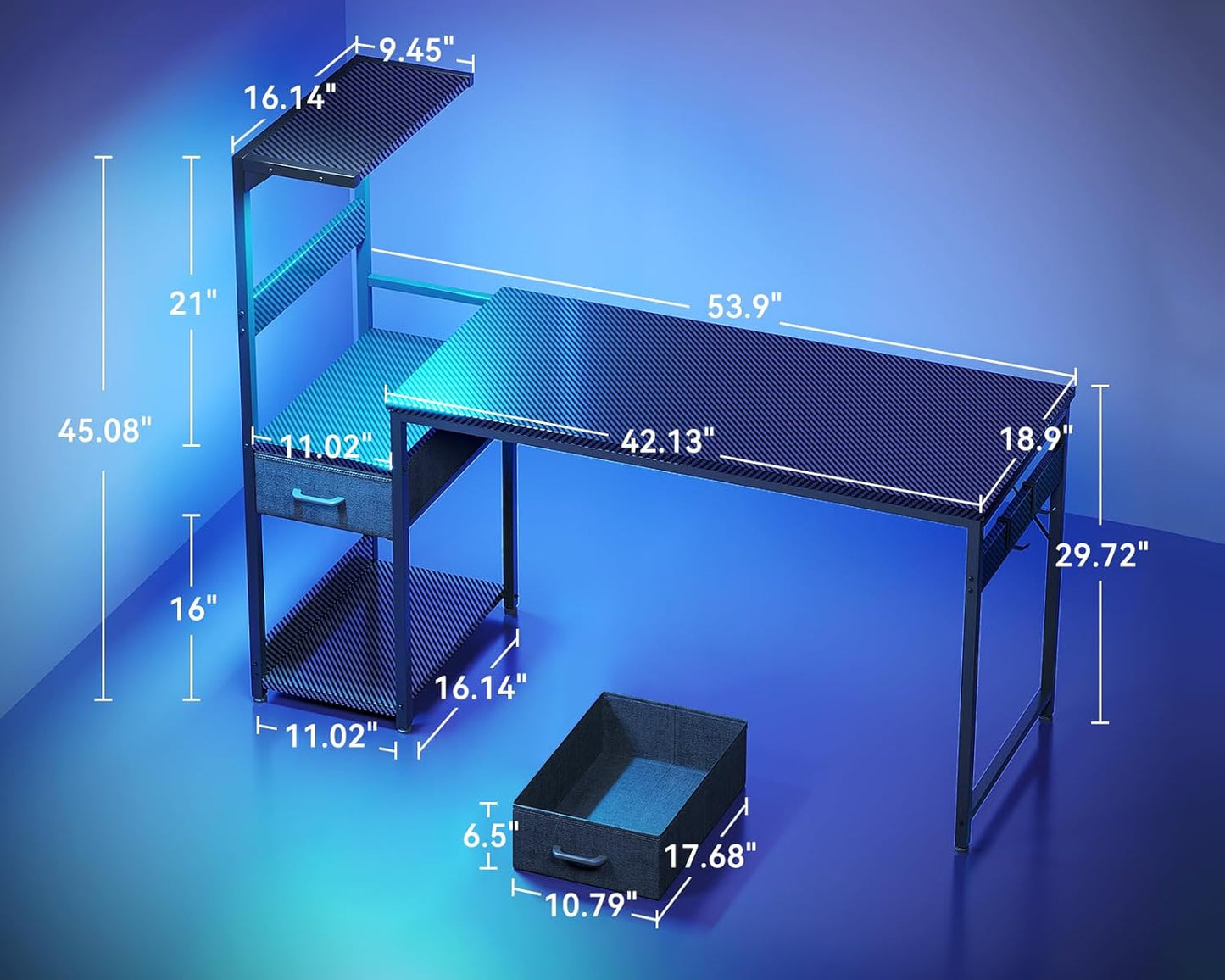 Casaottima 54 Inch Gaming Desk with Storage & LED Lights, Reversible Computer Desk with Display Shelves & Fabric Drawer, Modern Gamer Desk Table with Side Headphone Hook, Carbon Fiber Black