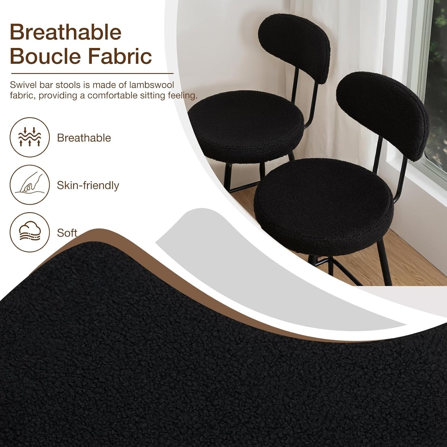 HOMMPA Counter Height Swivel Bar Stools Set of 2 Boucle Barstools 26'' Upholstered Modern Counter Barstools with Back Metal Legs Bar Stools Chairs for Kitchen Counter Island Black