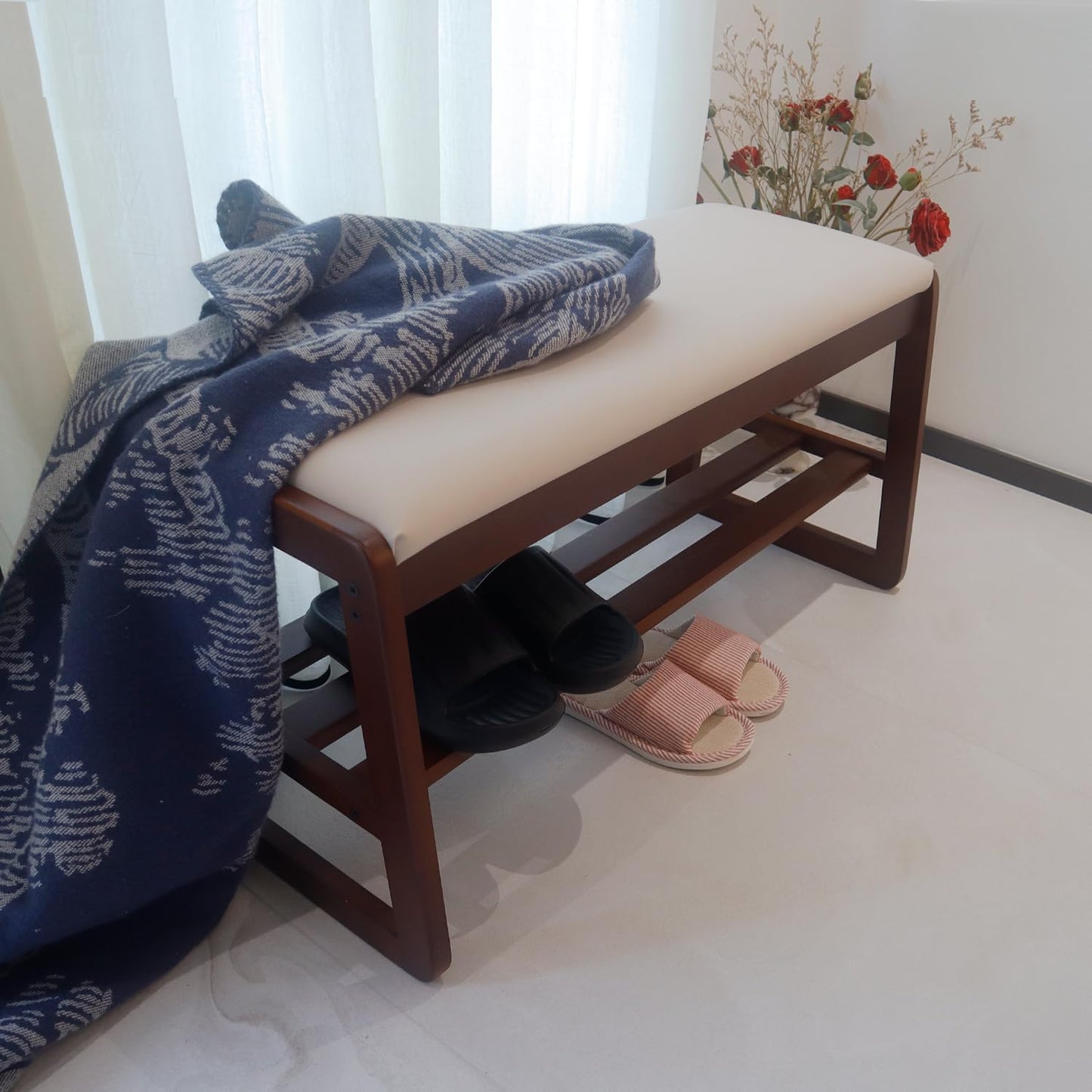 Solid Wood Shoe Rack, 2 Tier Shoe Storage Bench with Cushion Seat, 10 Pair Shoe Organizer for Entryway, Walnut, 39 Inch