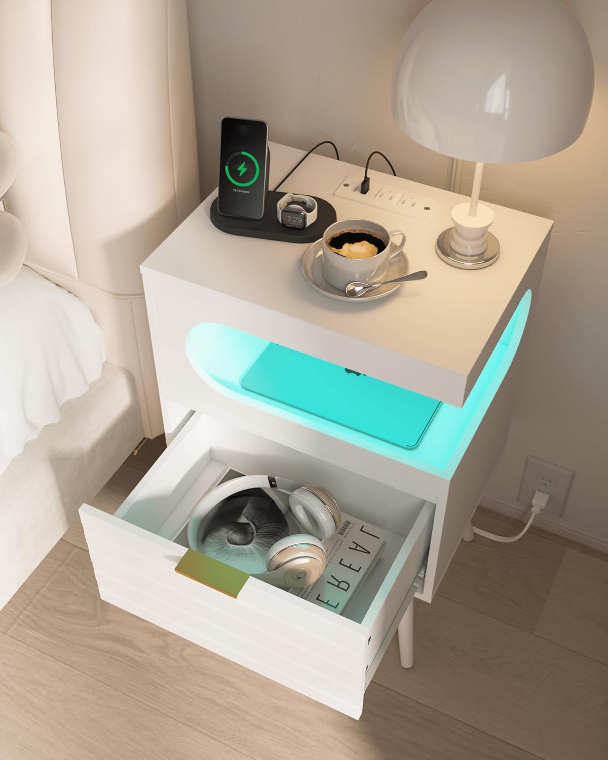 White Nightstand with Charging Station and LED Lights,Modern Bedside Table with Storage Drawer,Night Stand with Solid Wood Legs,White (White-1)