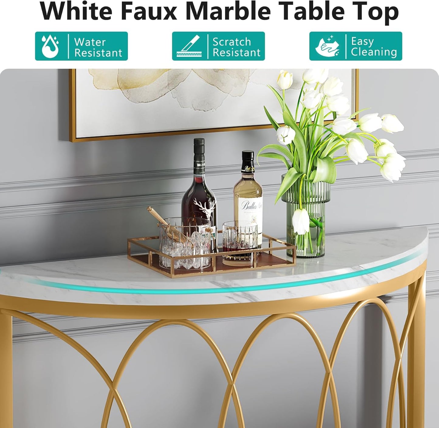 LITTLE TREE Half Moon Gold Console Table, 43 Inch Modern Faux Marble Entryway Table, Narrow Semi Circle Sofa Accent Table with Geometric Metal Frame for Living Room, Hallway