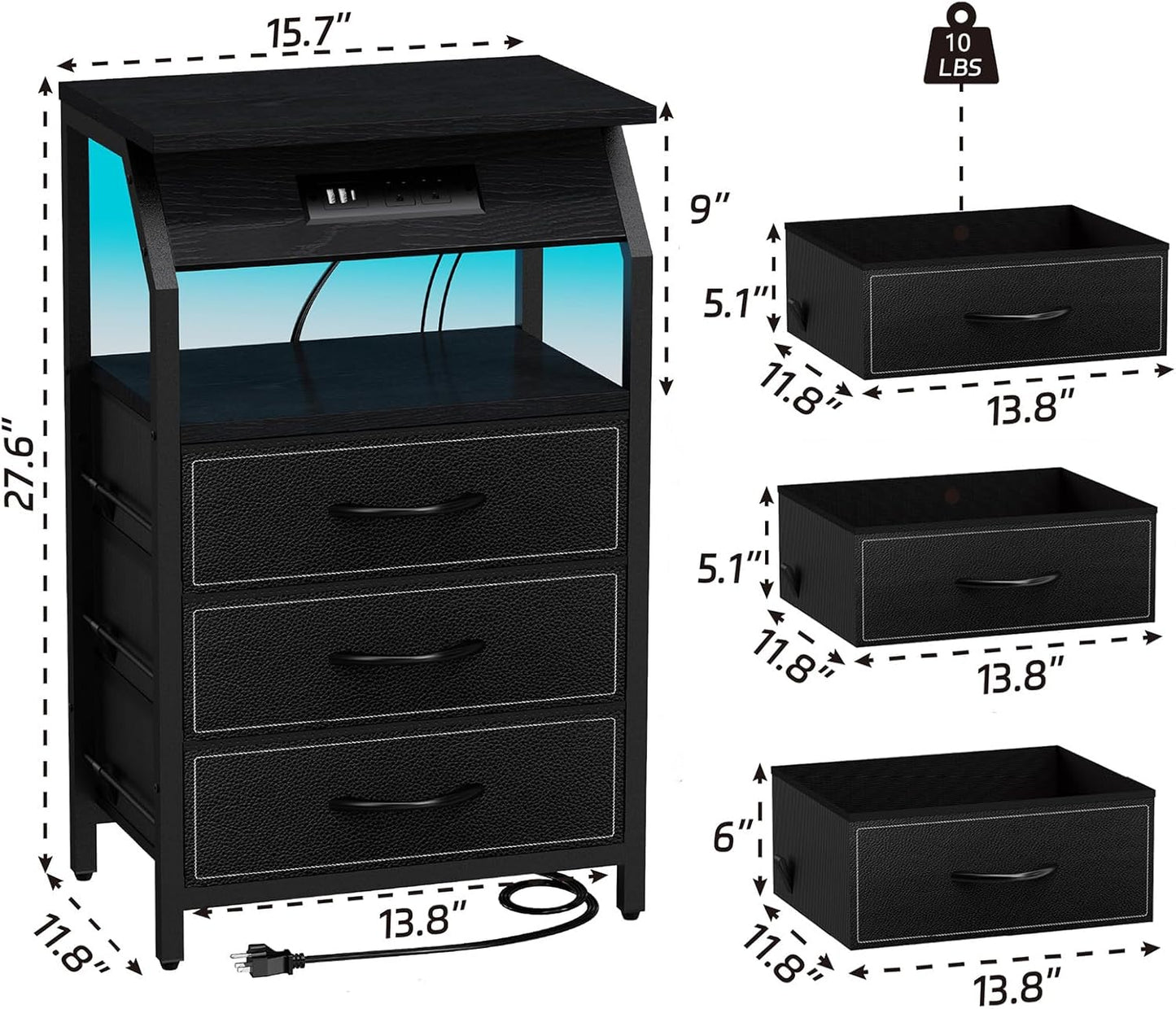 End Table with 3 Drawers, Nightstand with Charging Station and LED Lights, Small Fabric Dresser for Bedside, Storage Side Table for Living Room Dorm, Black