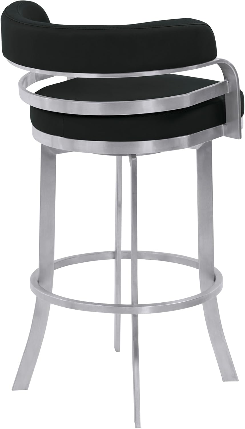 Armen Living Prinz 30" Bar Height Swivel Barstool in Black Faux Leather and Brushed Stainless Steel Finish