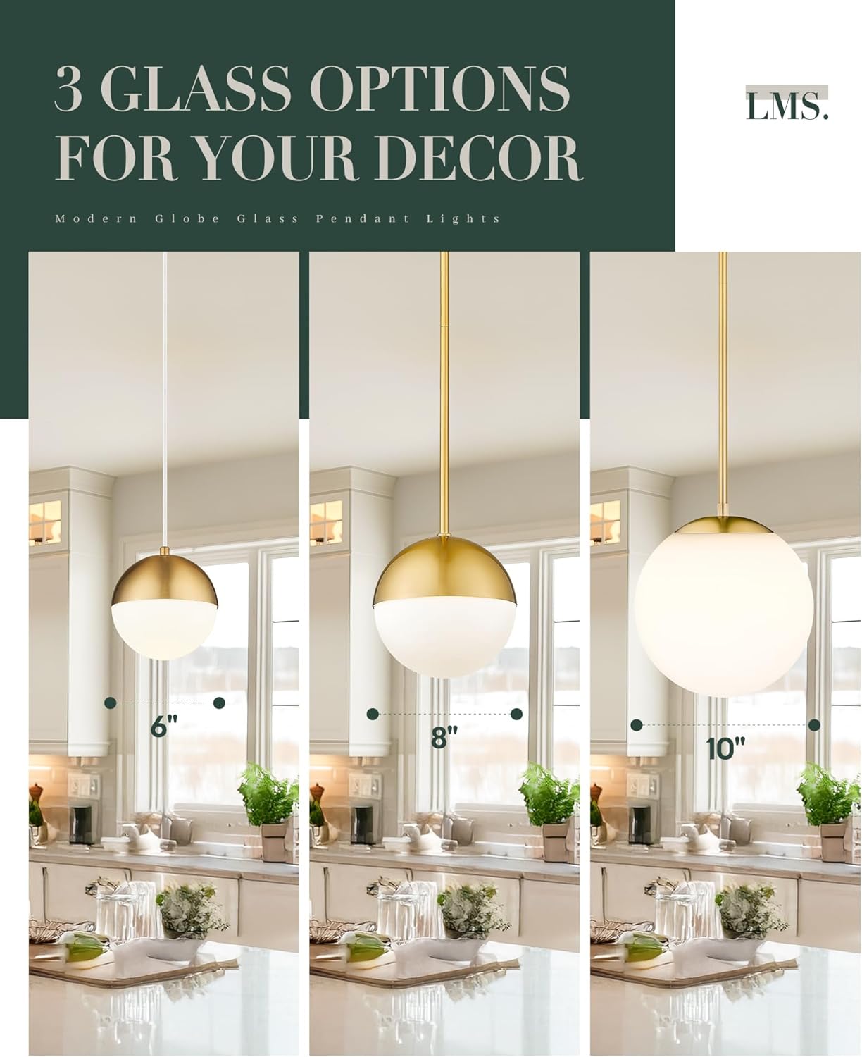 LMS 10 Inch Globe Pendant Lights, Brushed Gold Mid Century Kitchen Island Light Fixtures with White Globe Glass Shade, Adjustable Hanging Rod, Dining Room Kitchen, LMS-186PL-BGW-10