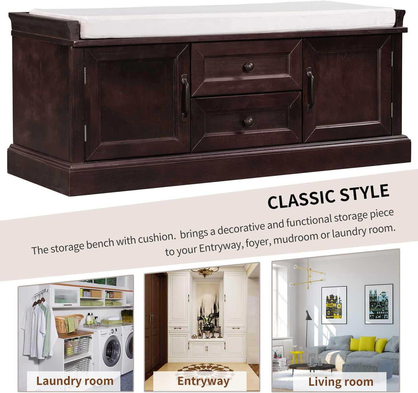 42″ Storage Bench with 2 Drawers and 2 Cabinets，Multipurpose Entryway Shoe Rack W/Removable Cushion，for Living Room Hallway Porch,Espresso