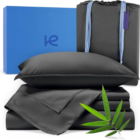 Kickoff Viscose Bamboo Sheets Queen Size 4-pc 100% Organic Bamboo Viscose Bed Cooling Sheets Queen Size Set Cool Bedding for hot Sleepers Sheet, Flat, Fitted, Pillowcases (Pewter, Q)