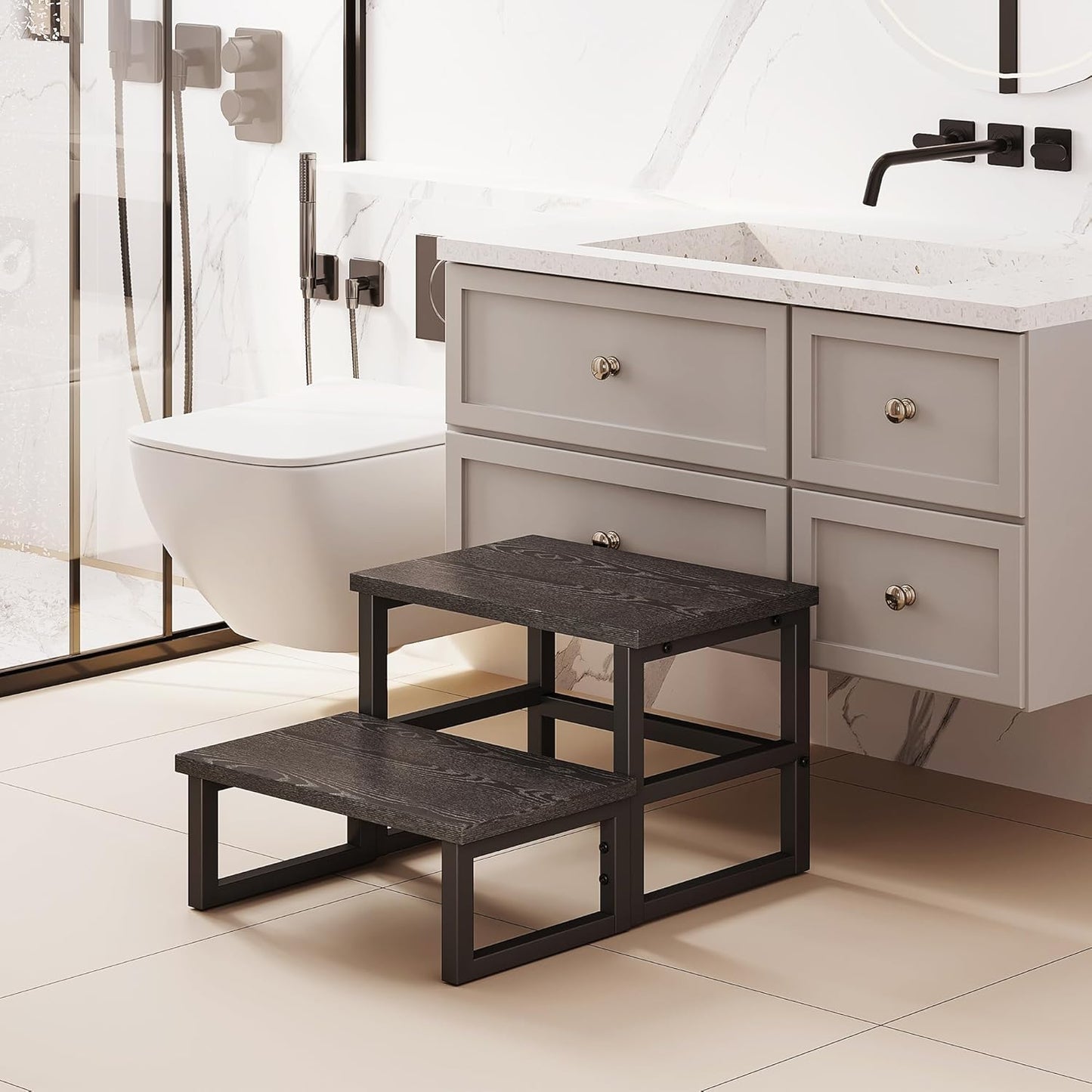 Homeiju 3 in 1 Step Stools for Adults Kids Toddler, Heavy Duty Wooden Step Stool with Non-Slip Pads, 2 Tire Step Stool for Kitchen Bathroom Bedroon Stepping Stool, Black