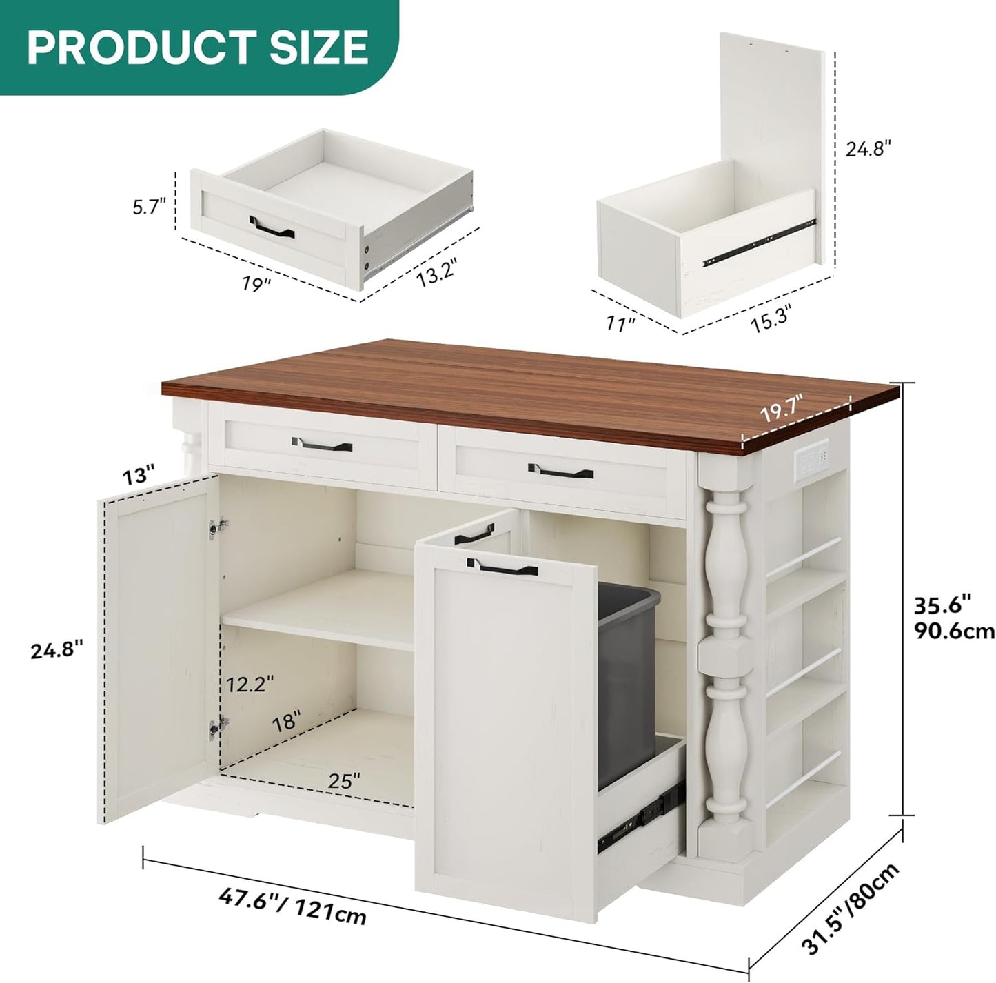 YITAHOME Americana Kitchen Island with Drop Leaf & Power Outlet, 47.6 inch Mobile Butcher Block Island Cart, Pull-Out Trash Can Storage, 3-Tier Spice Rack, White and Walnut