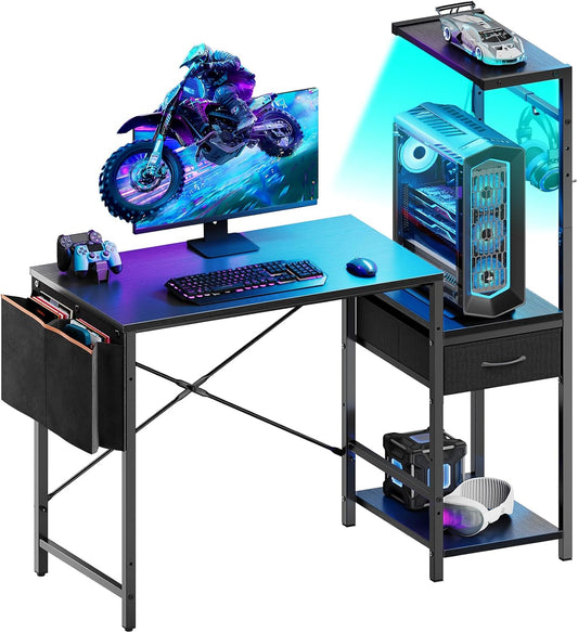 Bestier Gaming Desk with LED Lights, 44 Inch Reversible Computer Desk with Drawers & Storage Shelves for Small Spaces, PC Gamer Table with Storage Bag & Side Hook, Black